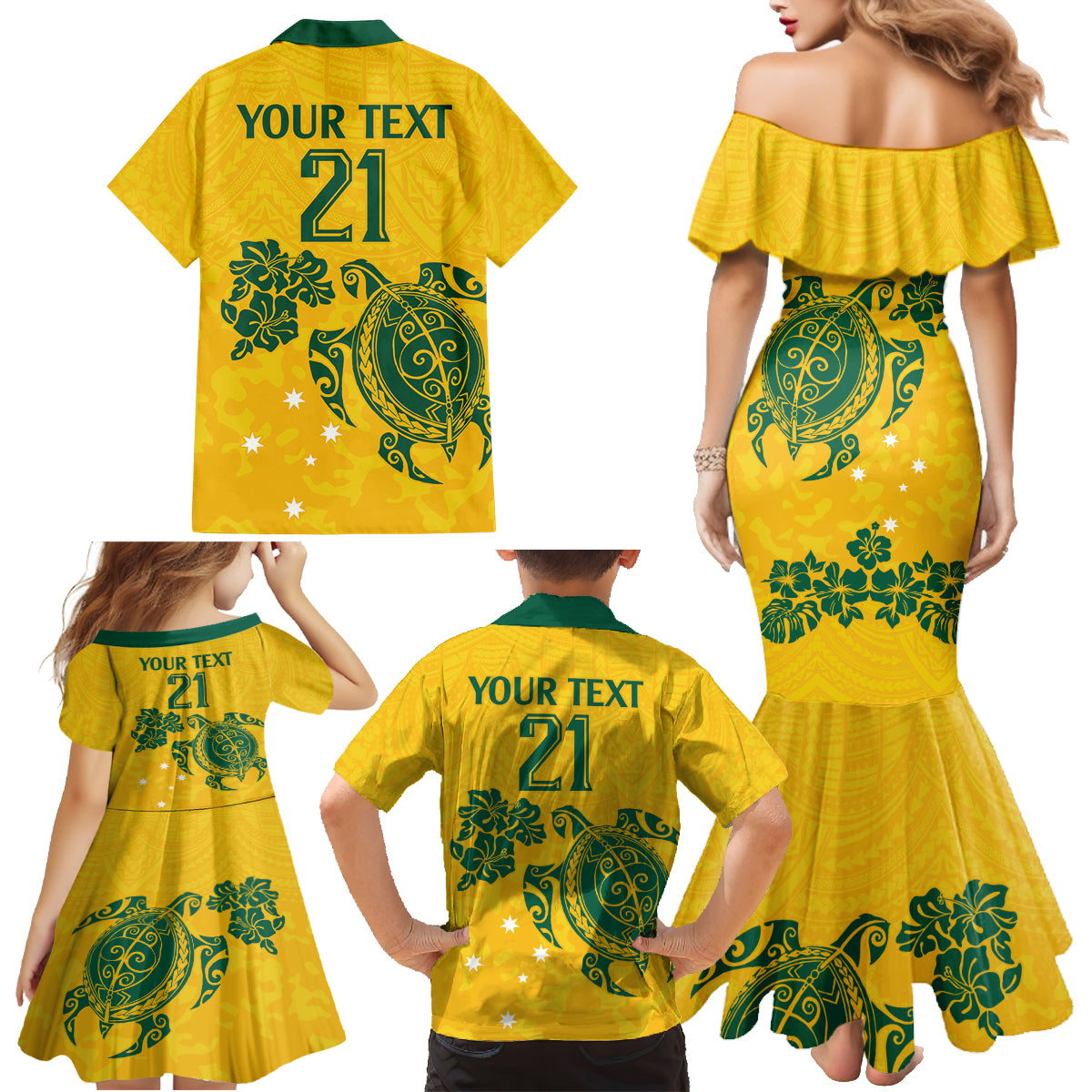 custom-australia-soccer-family-matching-mermaid-dress-and-hawaiian-shirt-socceroos-hibiscus-and-turtle-with-polynesian-pattern