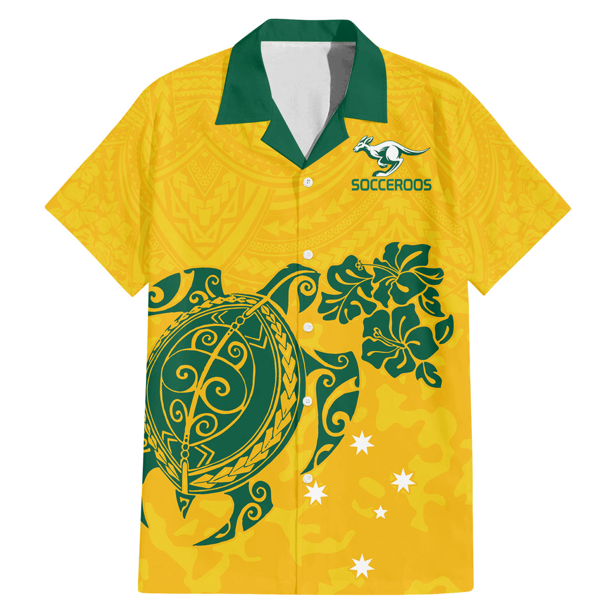 custom-australia-soccer-family-matching-mermaid-dress-and-hawaiian-shirt-socceroos-hibiscus-and-turtle-with-polynesian-pattern