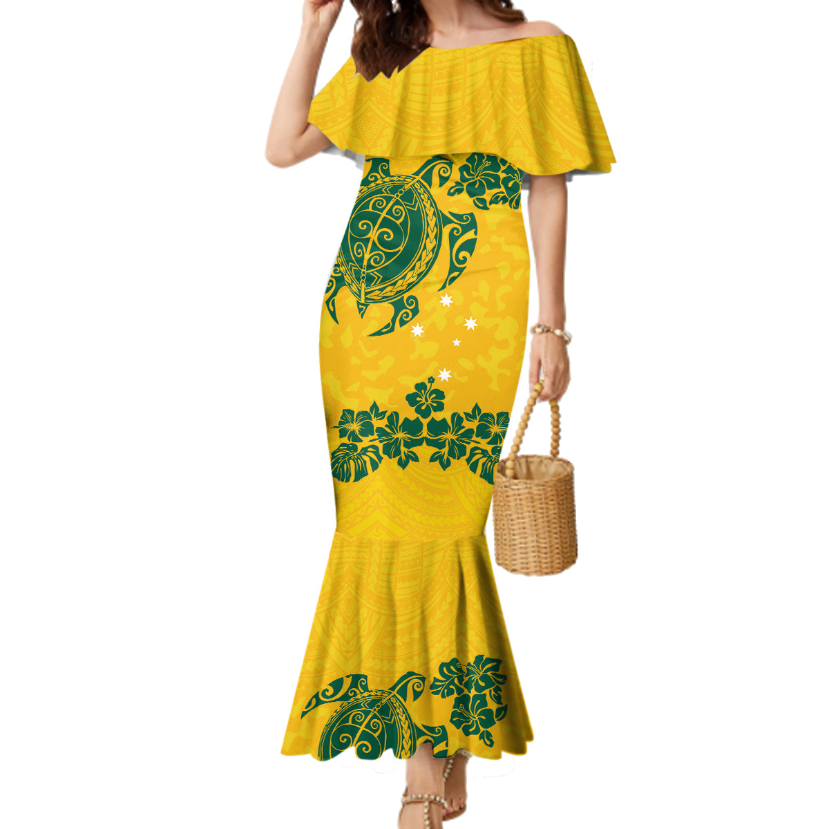 custom-australia-soccer-family-matching-mermaid-dress-and-hawaiian-shirt-socceroos-hibiscus-and-turtle-with-polynesian-pattern