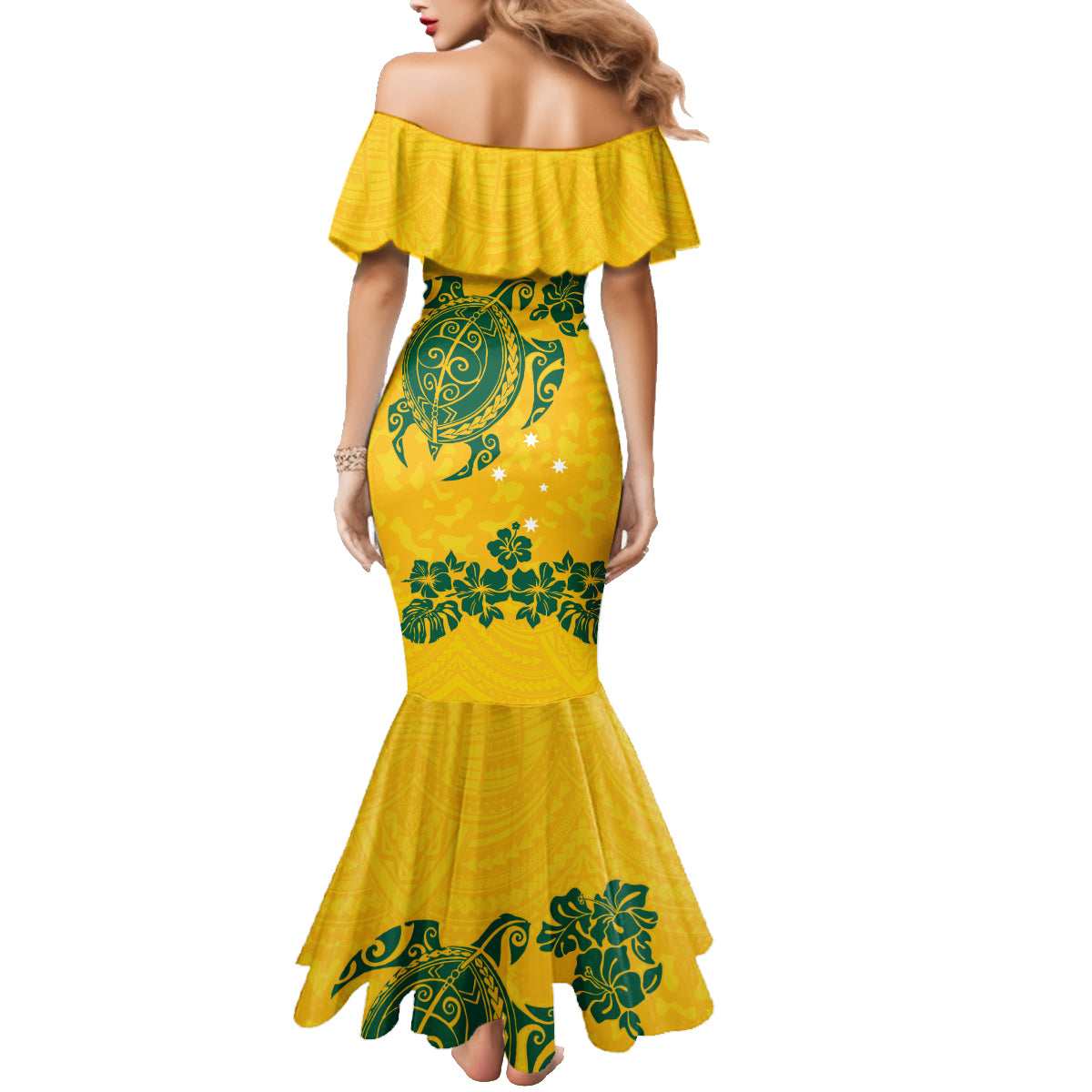 custom-australia-soccer-family-matching-mermaid-dress-and-hawaiian-shirt-socceroos-hibiscus-and-turtle-with-polynesian-pattern