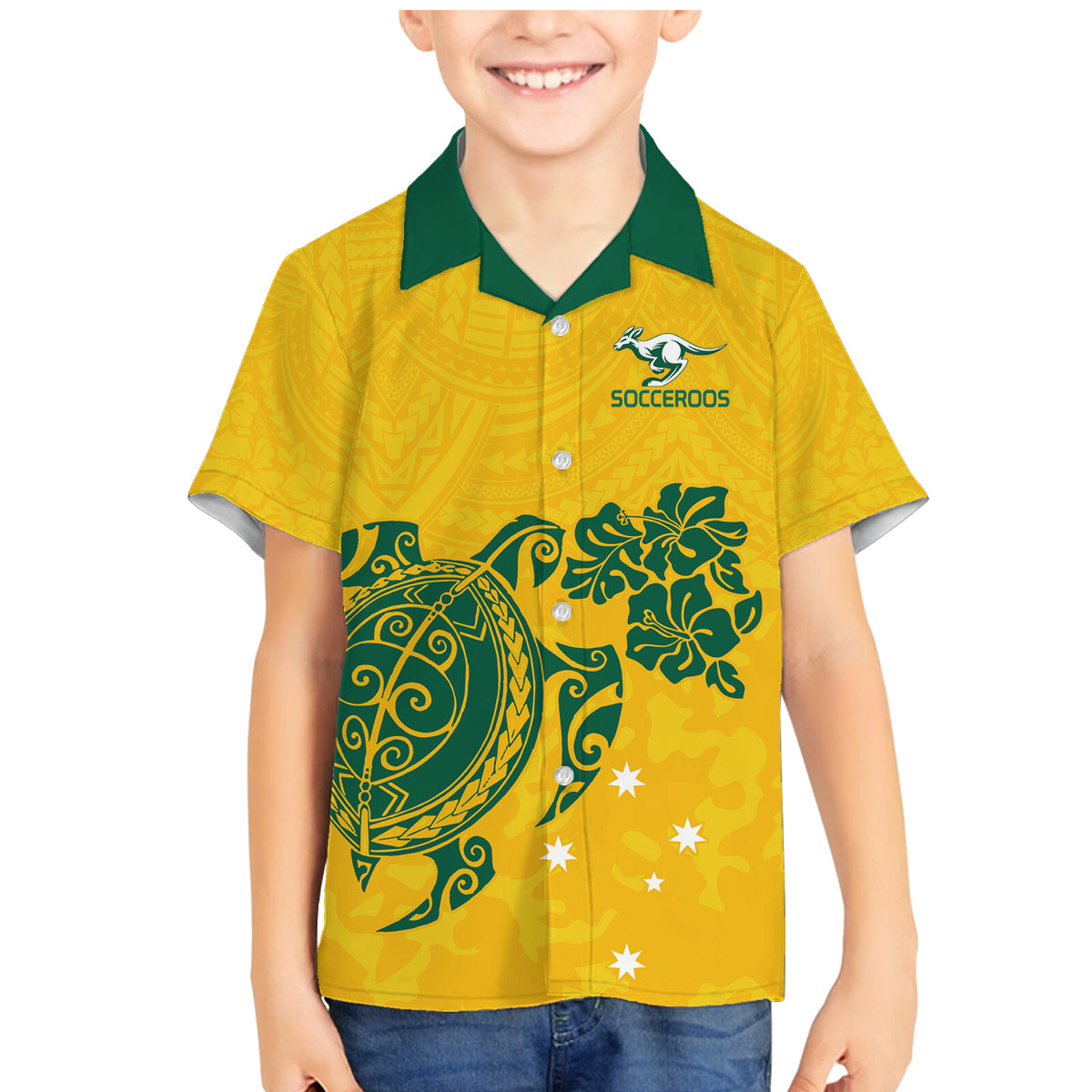 custom-australia-soccer-family-matching-mermaid-dress-and-hawaiian-shirt-socceroos-hibiscus-and-turtle-with-polynesian-pattern