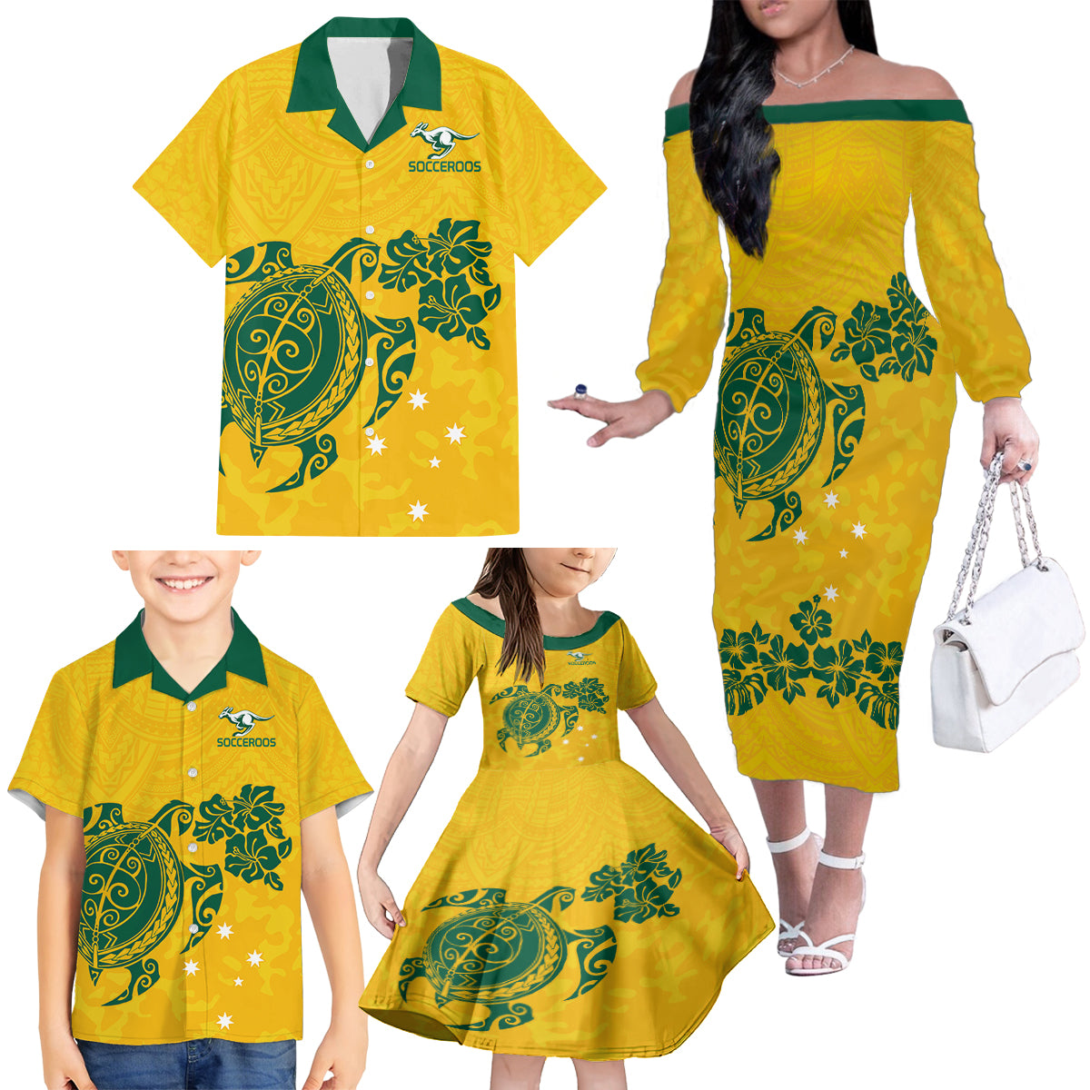 custom-australia-soccer-family-matching-off-shoulder-long-sleeve-dress-and-hawaiian-shirt-socceroos-hibiscus-and-turtle-with-polynesian-pattern