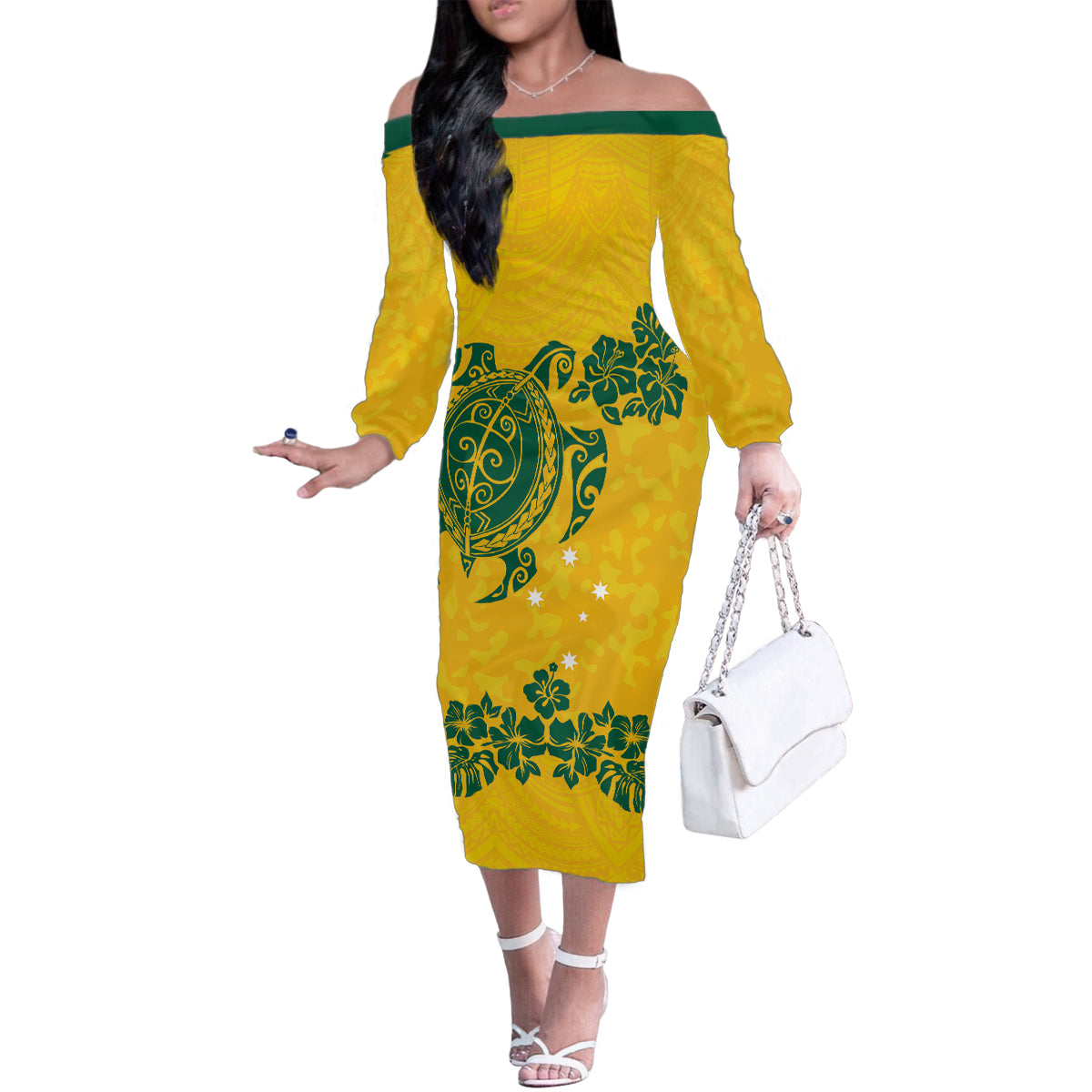 custom-australia-soccer-family-matching-off-shoulder-long-sleeve-dress-and-hawaiian-shirt-socceroos-hibiscus-and-turtle-with-polynesian-pattern