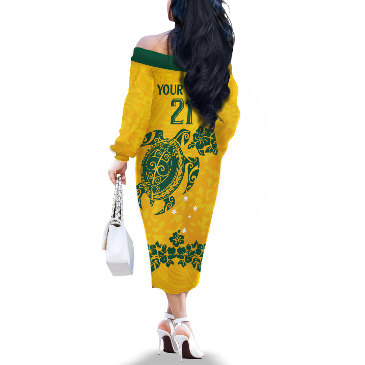 custom-australia-soccer-family-matching-off-shoulder-long-sleeve-dress-and-hawaiian-shirt-socceroos-hibiscus-and-turtle-with-polynesian-pattern