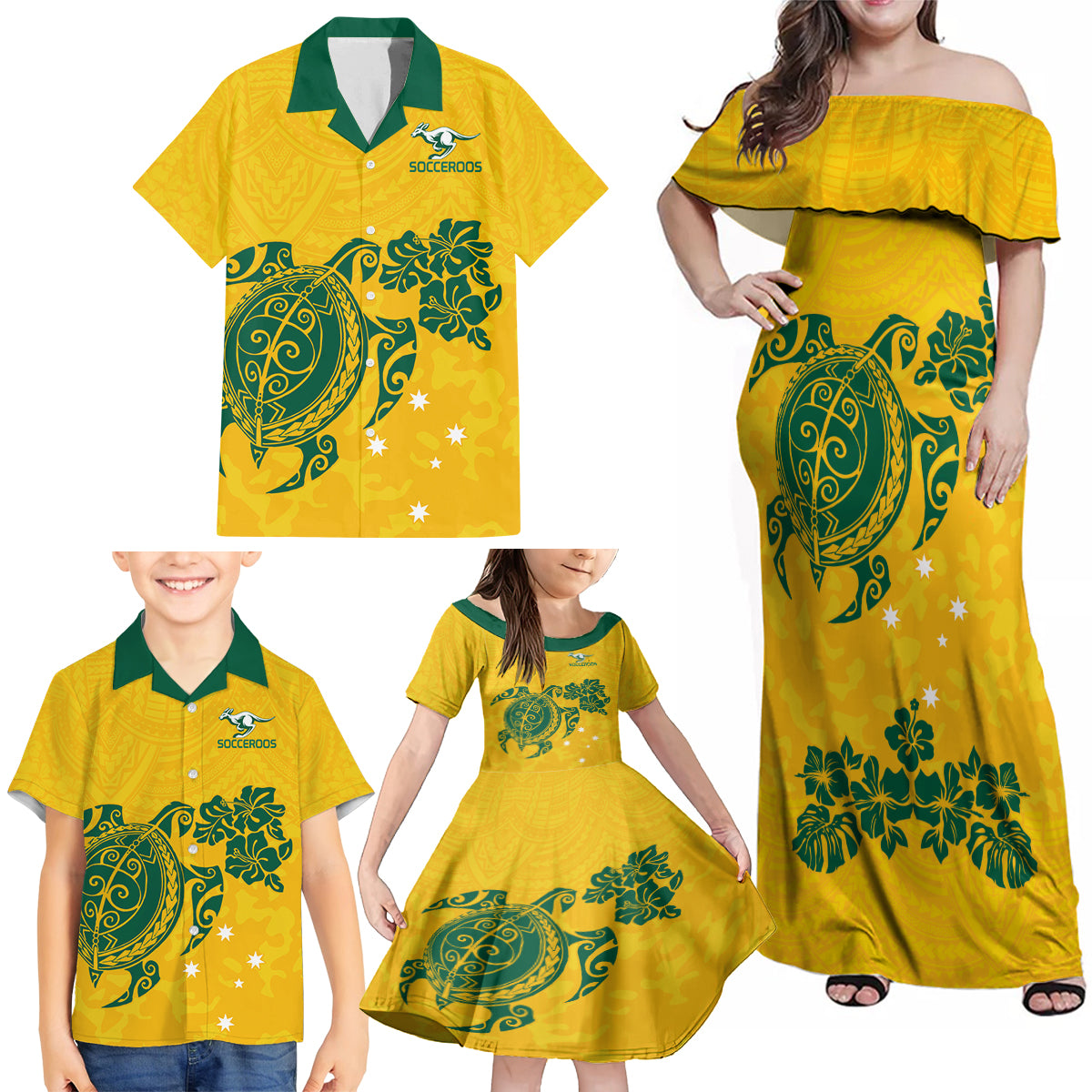 custom-australia-soccer-family-matching-off-shoulder-maxi-dress-and-hawaiian-shirt-socceroos-hibiscus-and-turtle-with-polynesian-pattern