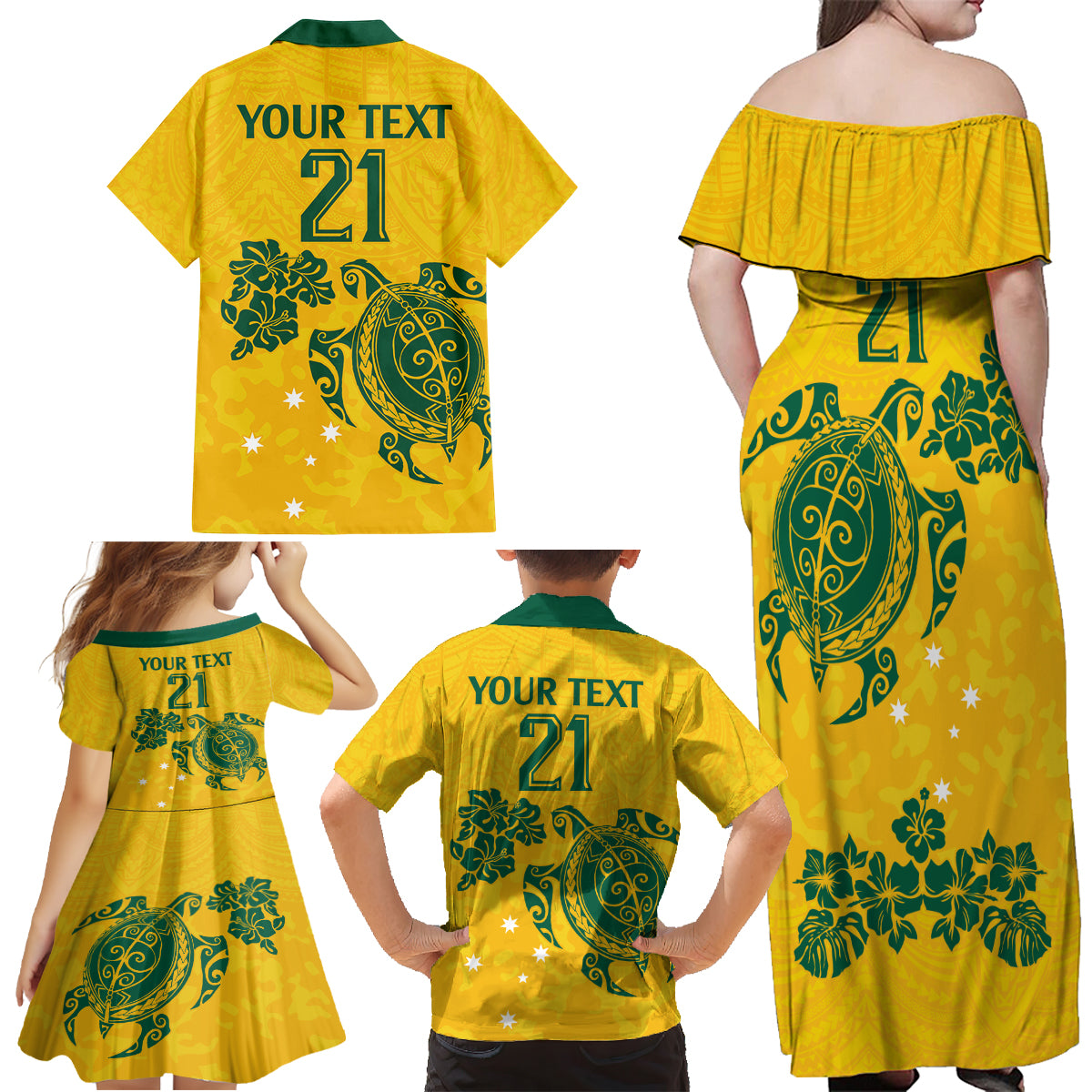 custom-australia-soccer-family-matching-off-shoulder-maxi-dress-and-hawaiian-shirt-socceroos-hibiscus-and-turtle-with-polynesian-pattern