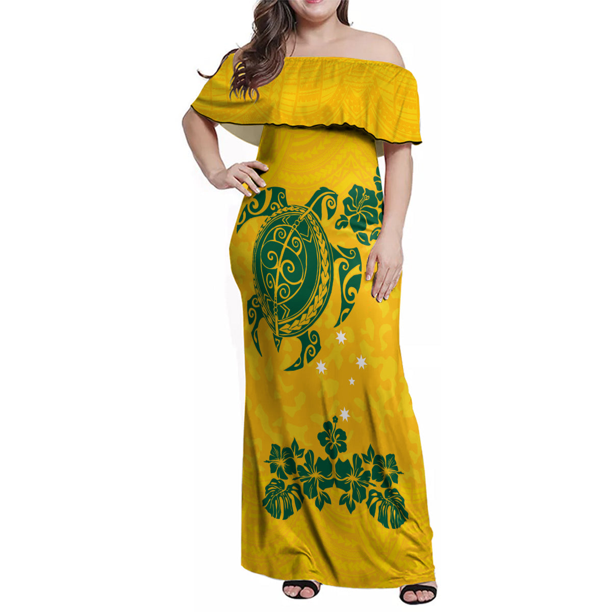 custom-australia-soccer-family-matching-off-shoulder-maxi-dress-and-hawaiian-shirt-socceroos-hibiscus-and-turtle-with-polynesian-pattern