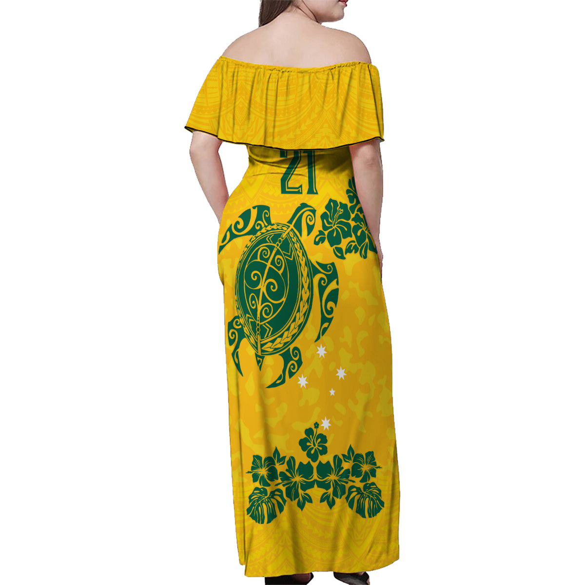 custom-australia-soccer-family-matching-off-shoulder-maxi-dress-and-hawaiian-shirt-socceroos-hibiscus-and-turtle-with-polynesian-pattern