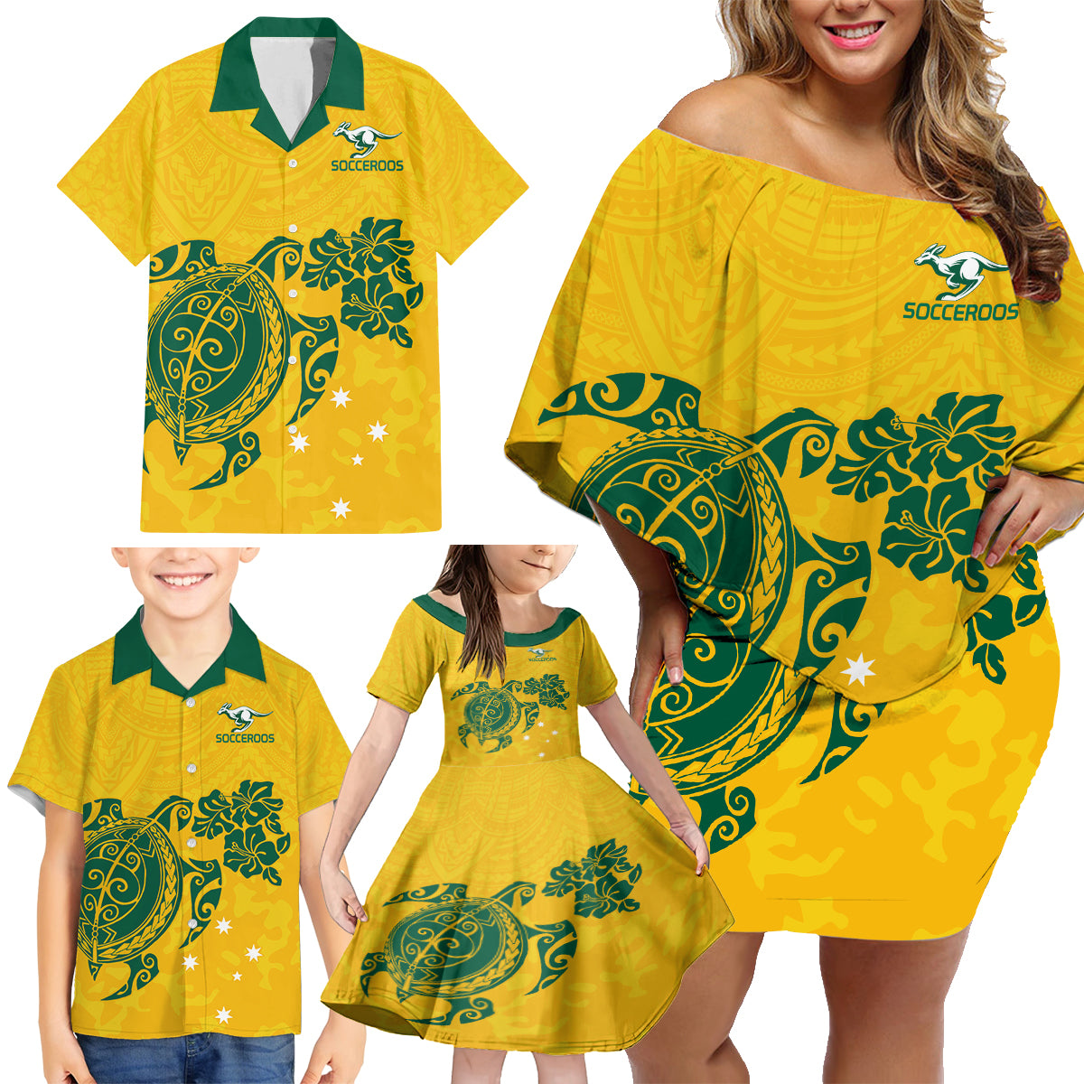 custom-australia-soccer-family-matching-off-shoulder-short-dress-and-hawaiian-shirt-socceroos-hibiscus-and-turtle-with-polynesian-pattern