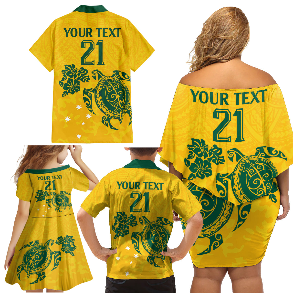 custom-australia-soccer-family-matching-off-shoulder-short-dress-and-hawaiian-shirt-socceroos-hibiscus-and-turtle-with-polynesian-pattern