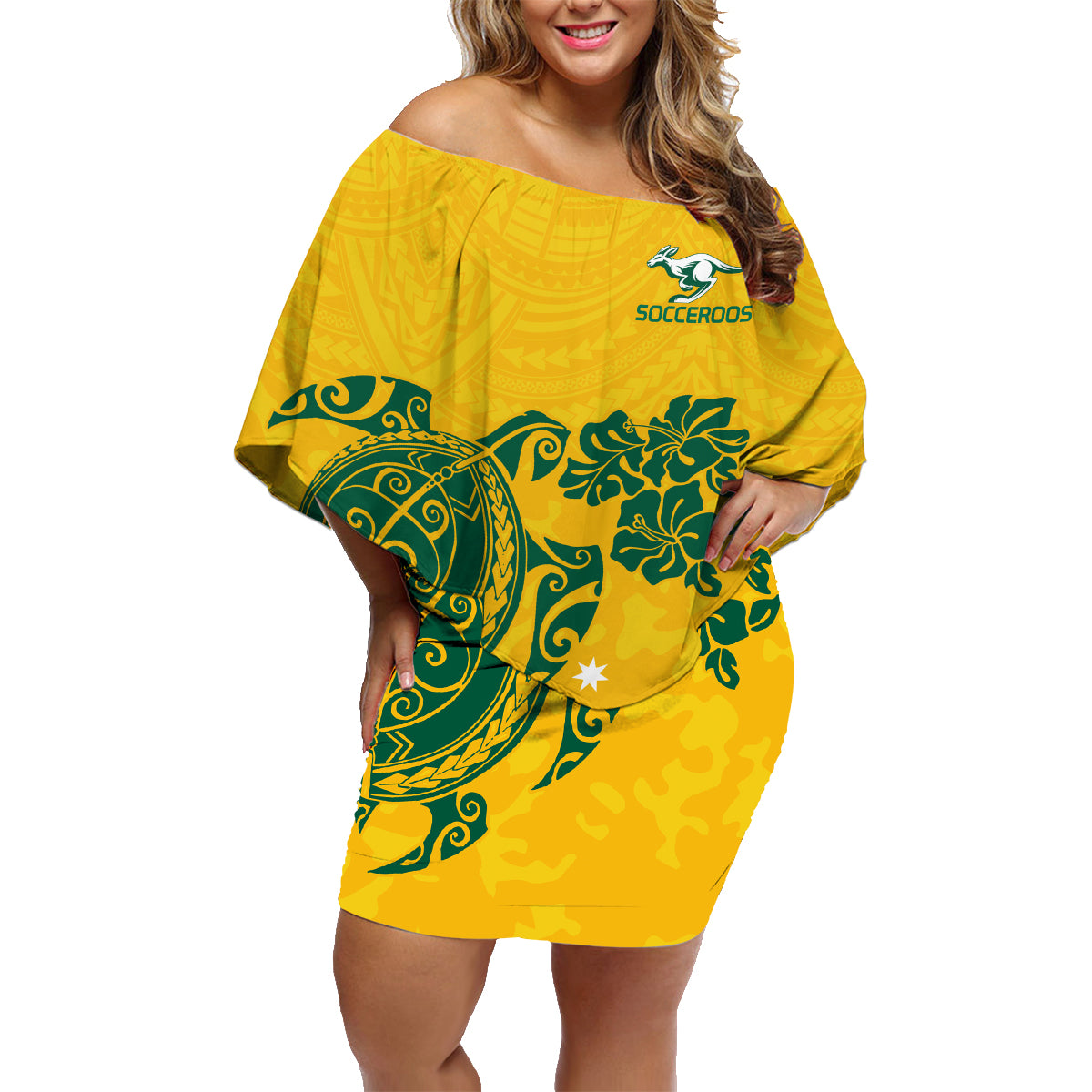 custom-australia-soccer-family-matching-off-shoulder-short-dress-and-hawaiian-shirt-socceroos-hibiscus-and-turtle-with-polynesian-pattern