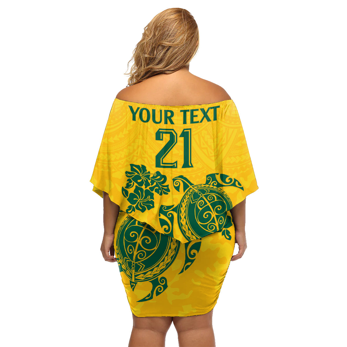 custom-australia-soccer-family-matching-off-shoulder-short-dress-and-hawaiian-shirt-socceroos-hibiscus-and-turtle-with-polynesian-pattern