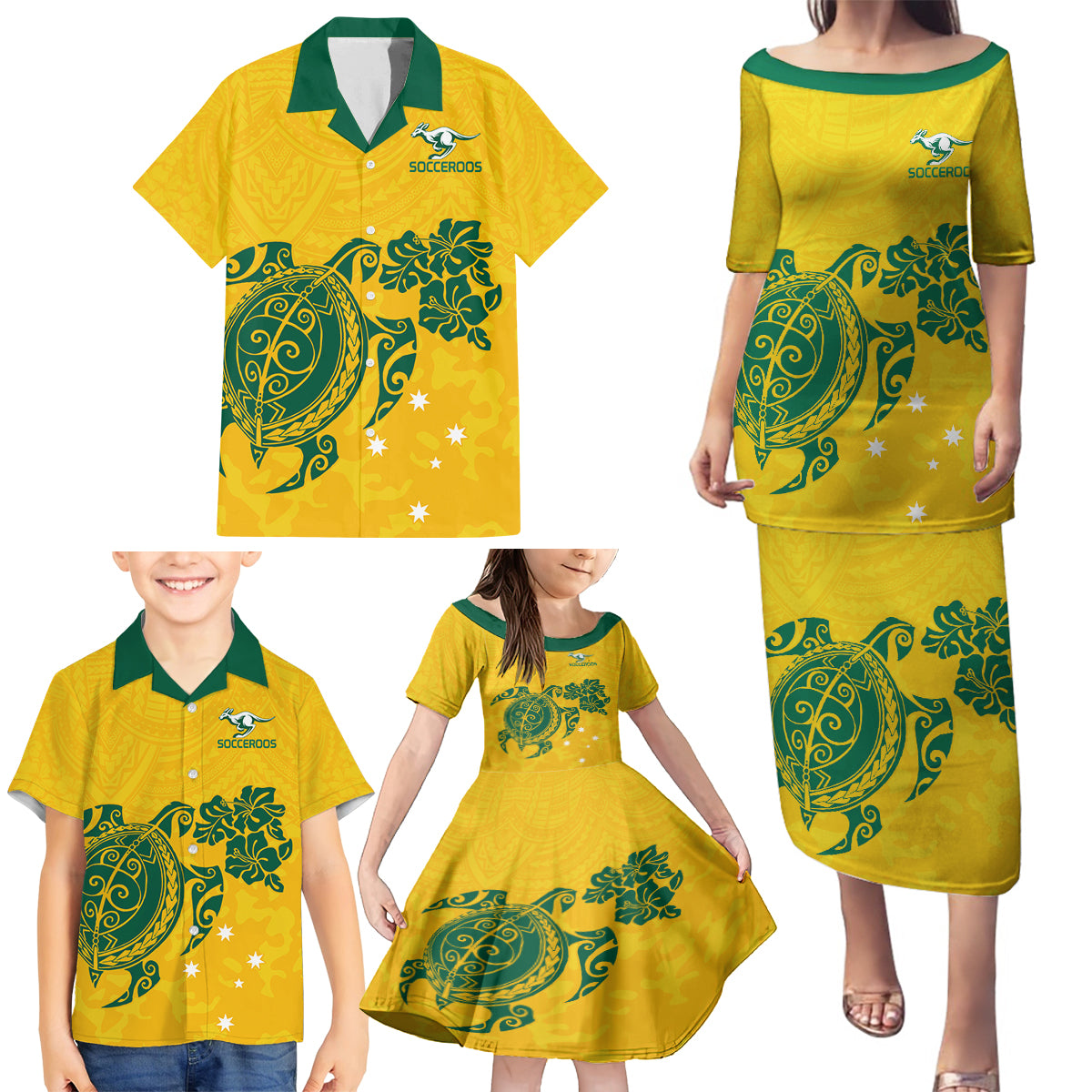 custom-australia-soccer-family-matching-puletasi-dress-and-hawaiian-shirt-socceroos-hibiscus-and-turtle-with-polynesian-pattern