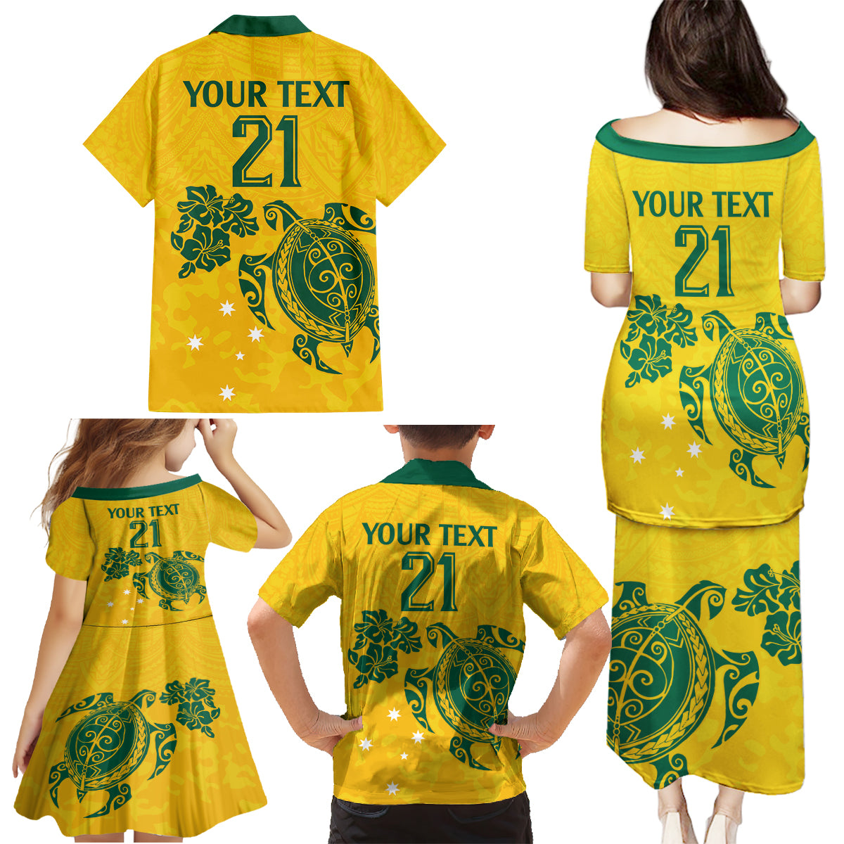 custom-australia-soccer-family-matching-puletasi-dress-and-hawaiian-shirt-socceroos-hibiscus-and-turtle-with-polynesian-pattern