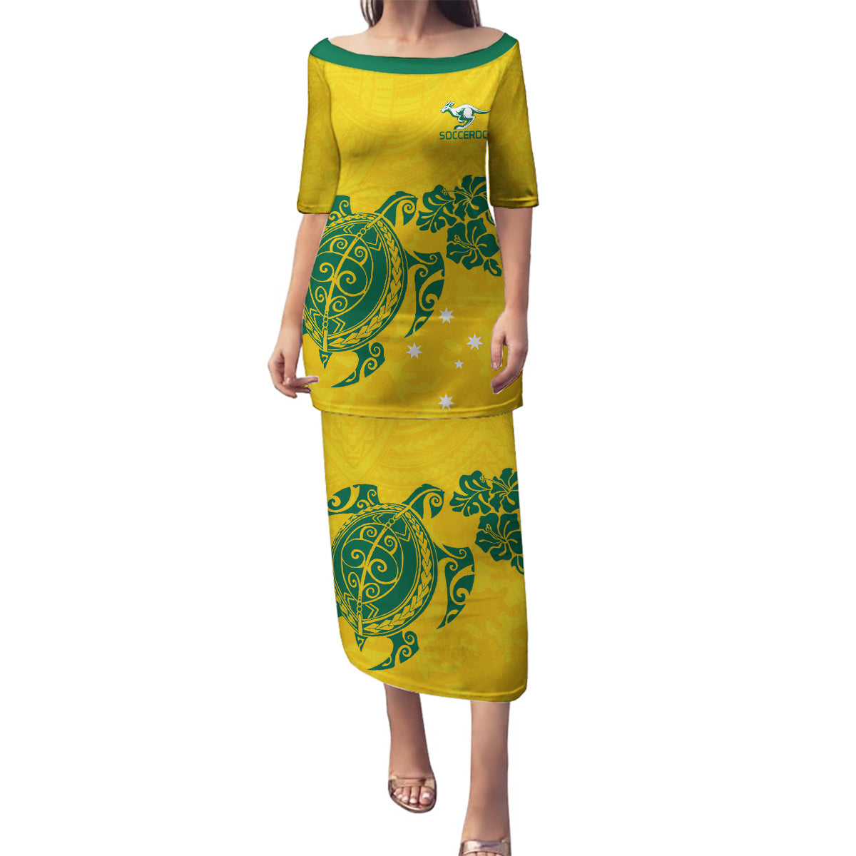 custom-australia-soccer-family-matching-puletasi-dress-and-hawaiian-shirt-socceroos-hibiscus-and-turtle-with-polynesian-pattern