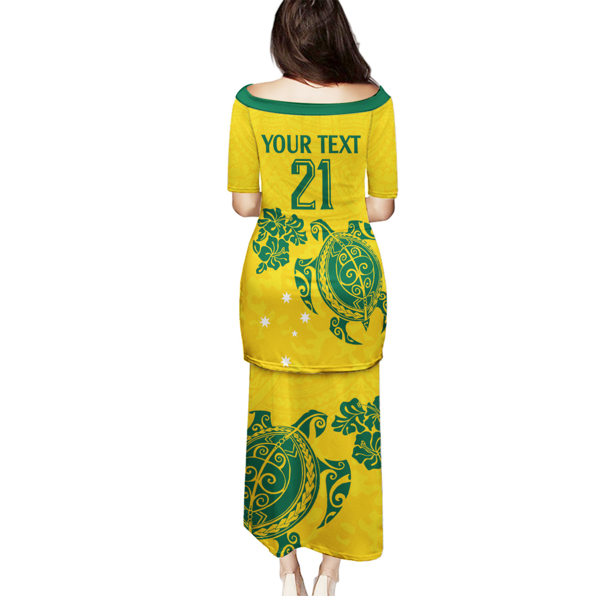 custom-australia-soccer-family-matching-puletasi-dress-and-hawaiian-shirt-socceroos-hibiscus-and-turtle-with-polynesian-pattern