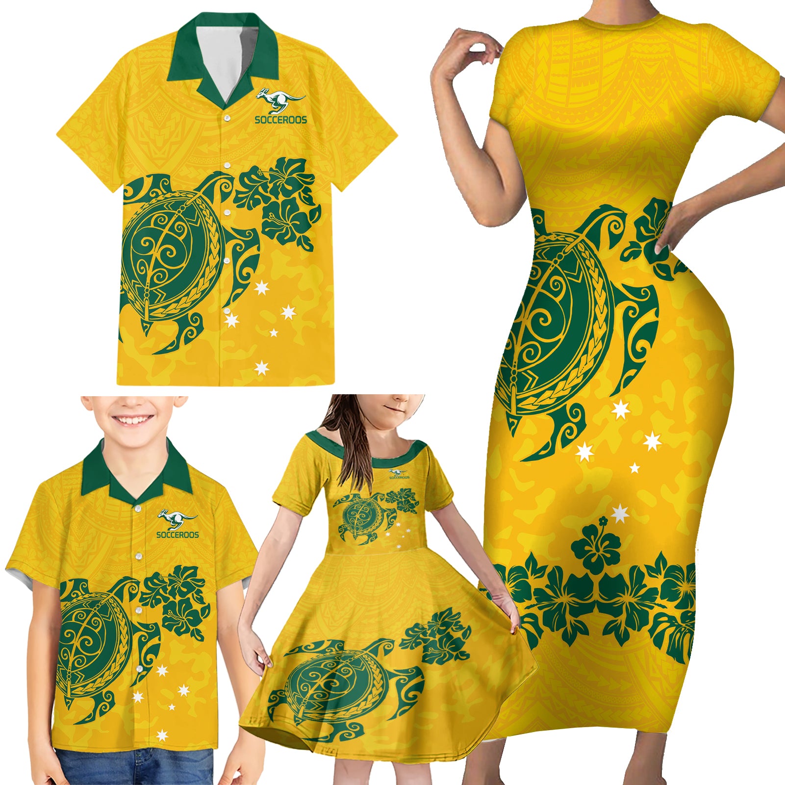 custom-australia-soccer-family-matching-short-sleeve-bodycon-dress-and-hawaiian-shirt-socceroos-hibiscus-and-turtle-with-polynesian-pattern