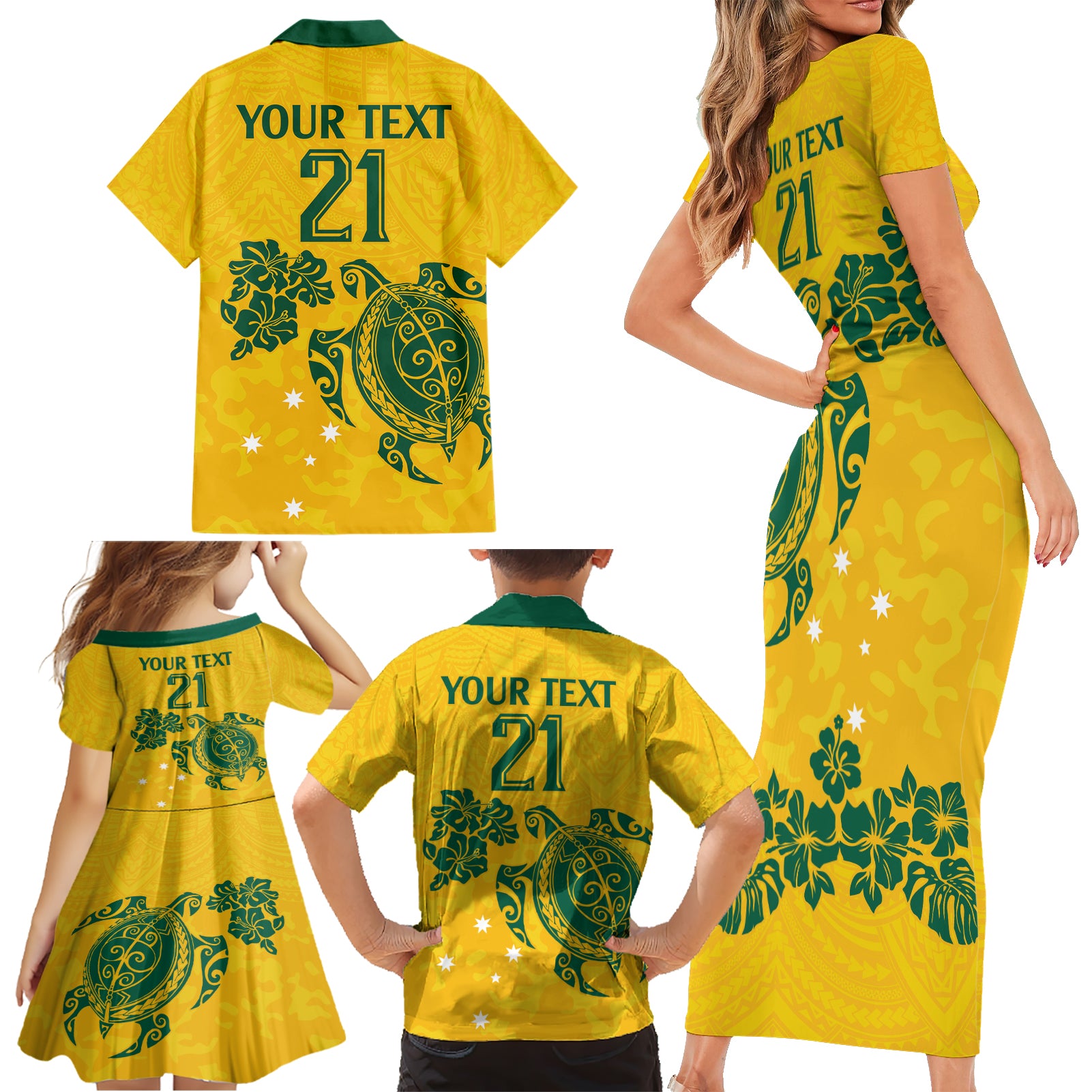 custom-australia-soccer-family-matching-short-sleeve-bodycon-dress-and-hawaiian-shirt-socceroos-hibiscus-and-turtle-with-polynesian-pattern