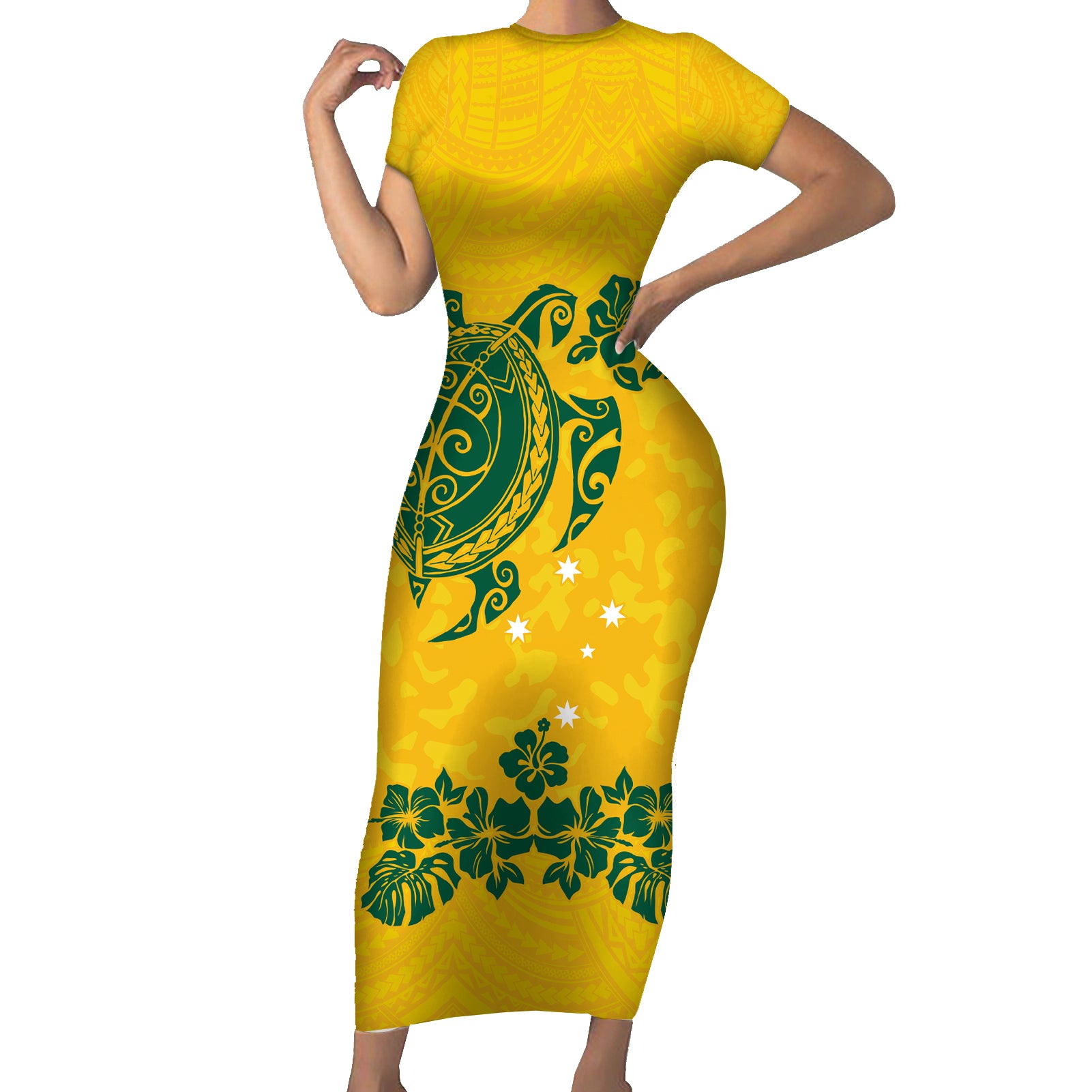 custom-australia-soccer-family-matching-short-sleeve-bodycon-dress-and-hawaiian-shirt-socceroos-hibiscus-and-turtle-with-polynesian-pattern