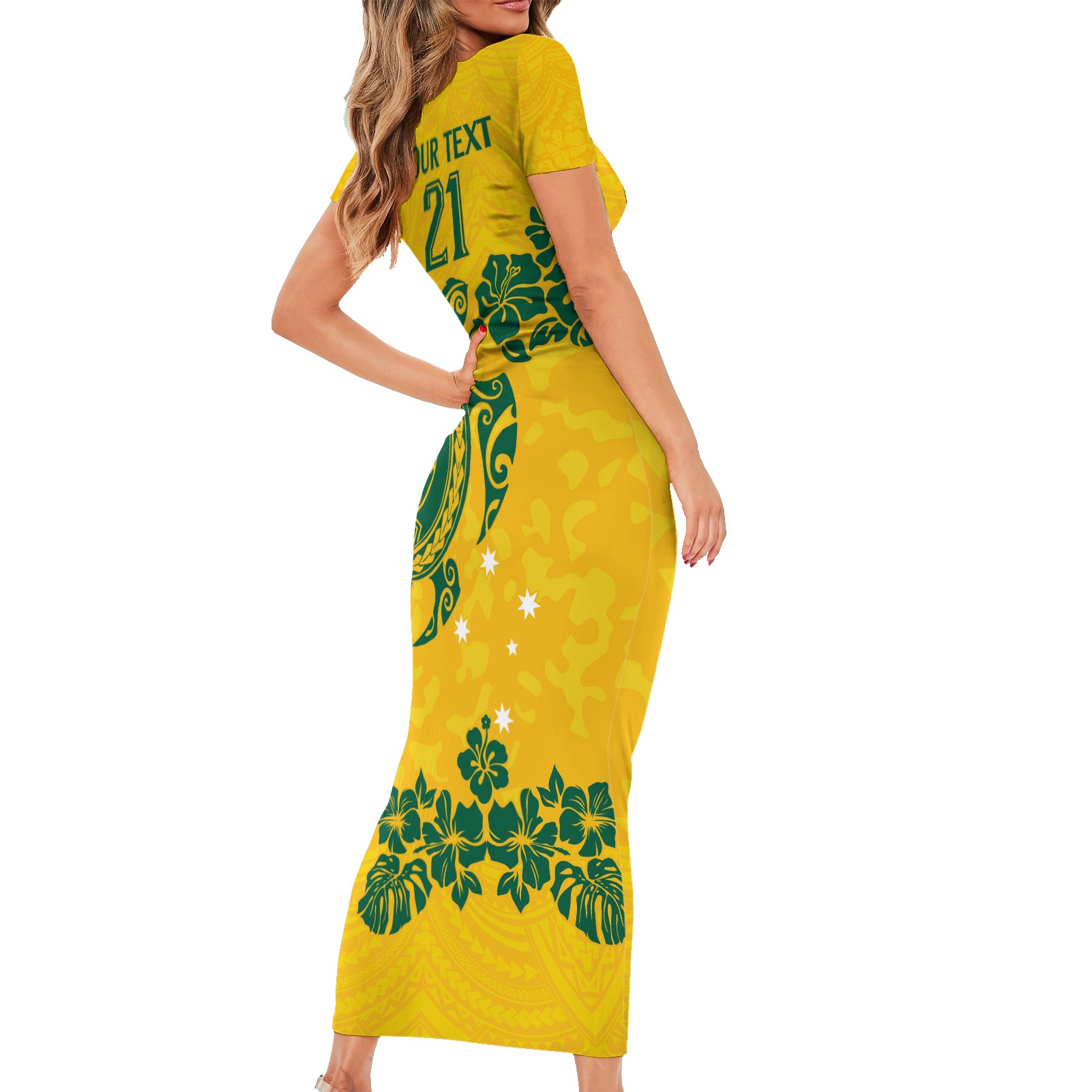 custom-australia-soccer-family-matching-short-sleeve-bodycon-dress-and-hawaiian-shirt-socceroos-hibiscus-and-turtle-with-polynesian-pattern