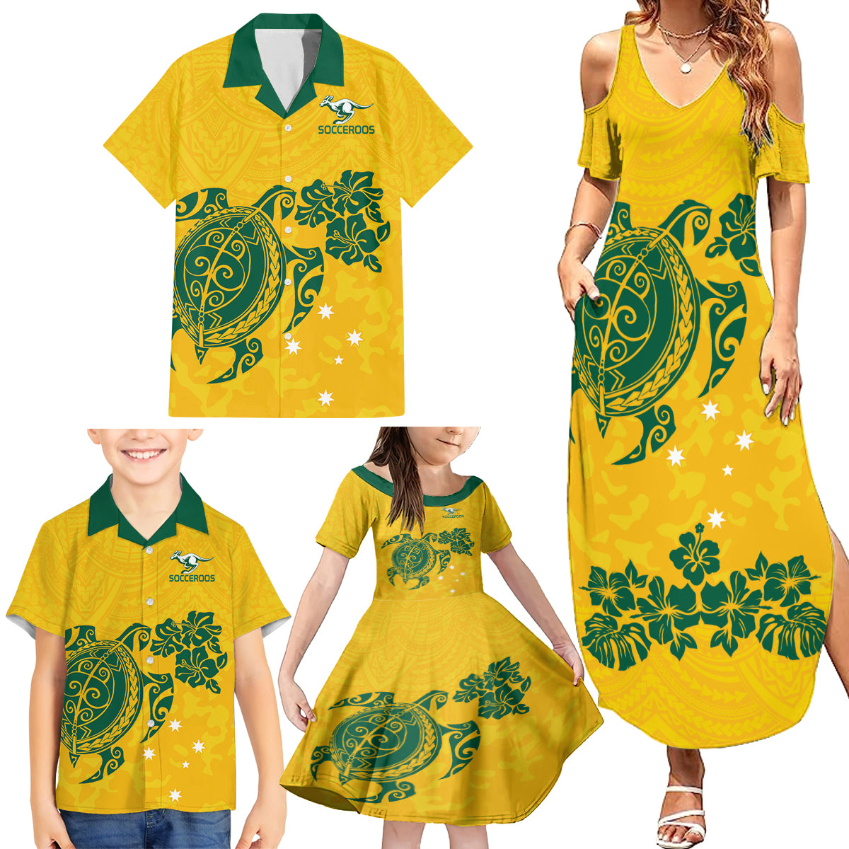 custom-australia-soccer-family-matching-summer-maxi-dress-and-hawaiian-shirt-socceroos-hibiscus-and-turtle-with-polynesian-pattern