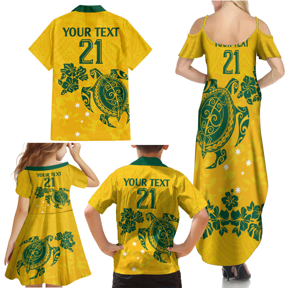 custom-australia-soccer-family-matching-summer-maxi-dress-and-hawaiian-shirt-socceroos-hibiscus-and-turtle-with-polynesian-pattern