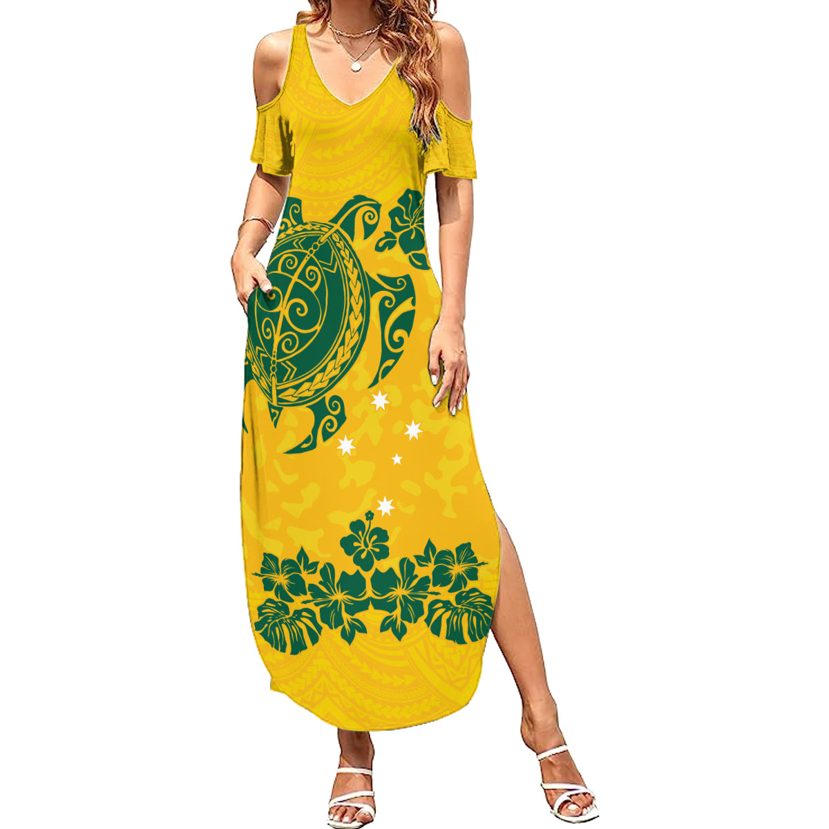 custom-australia-soccer-family-matching-summer-maxi-dress-and-hawaiian-shirt-socceroos-hibiscus-and-turtle-with-polynesian-pattern