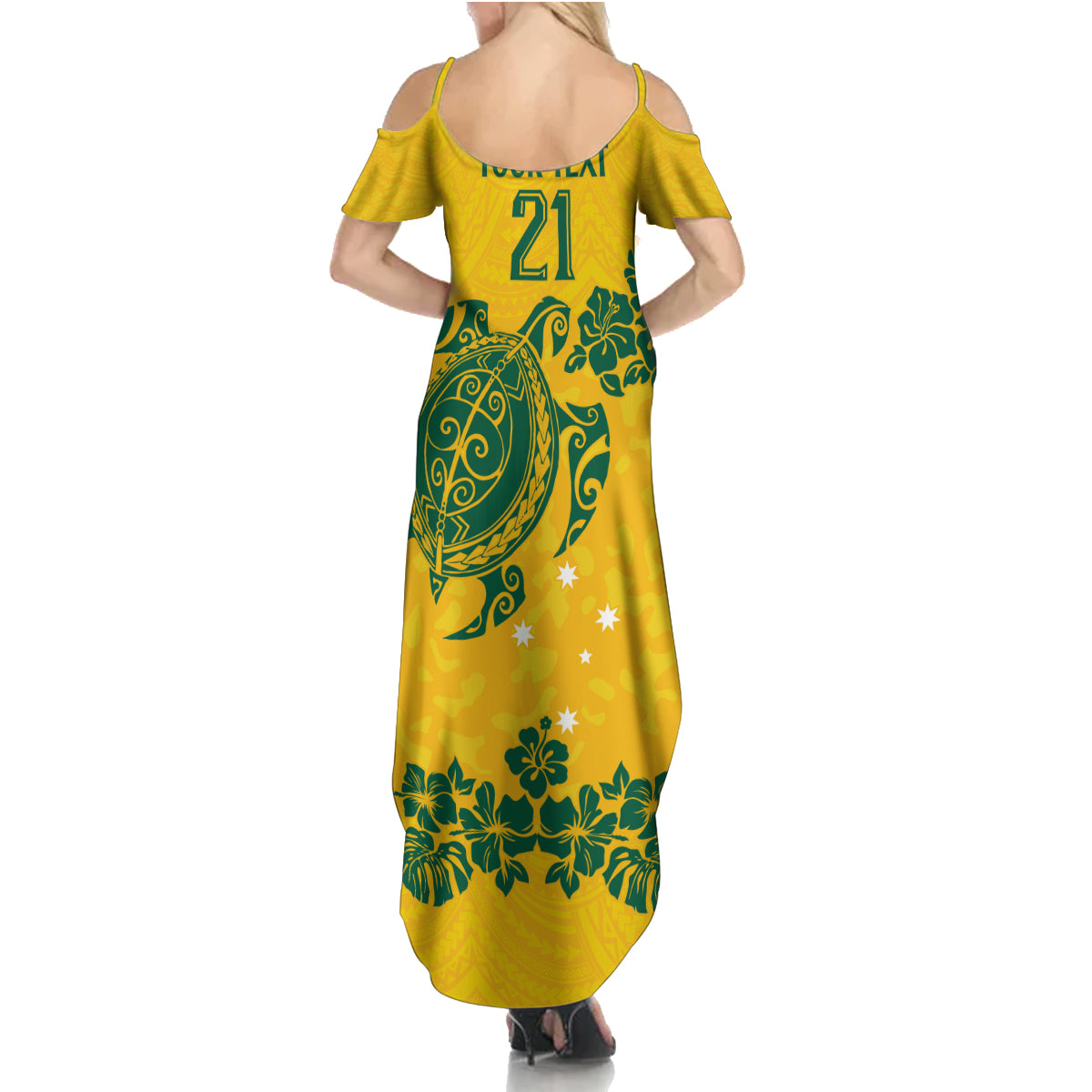 custom-australia-soccer-family-matching-summer-maxi-dress-and-hawaiian-shirt-socceroos-hibiscus-and-turtle-with-polynesian-pattern