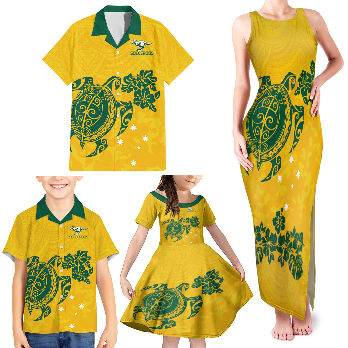 custom-australia-soccer-family-matching-tank-maxi-dress-and-hawaiian-shirt-socceroos-hibiscus-and-turtle-with-polynesian-pattern