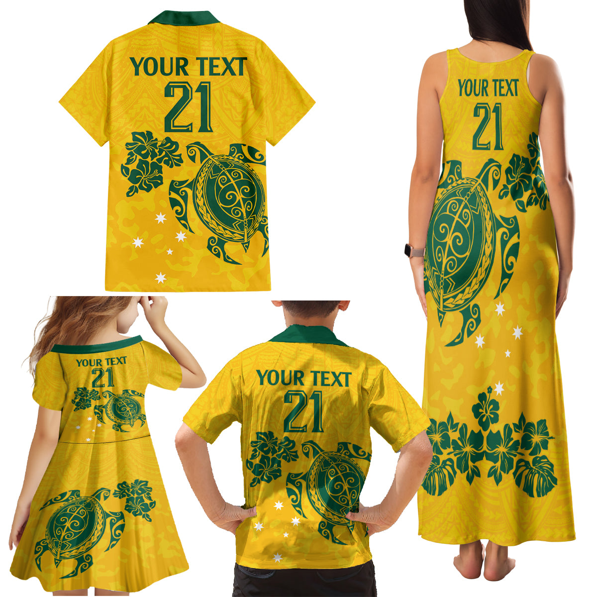 custom-australia-soccer-family-matching-tank-maxi-dress-and-hawaiian-shirt-socceroos-hibiscus-and-turtle-with-polynesian-pattern