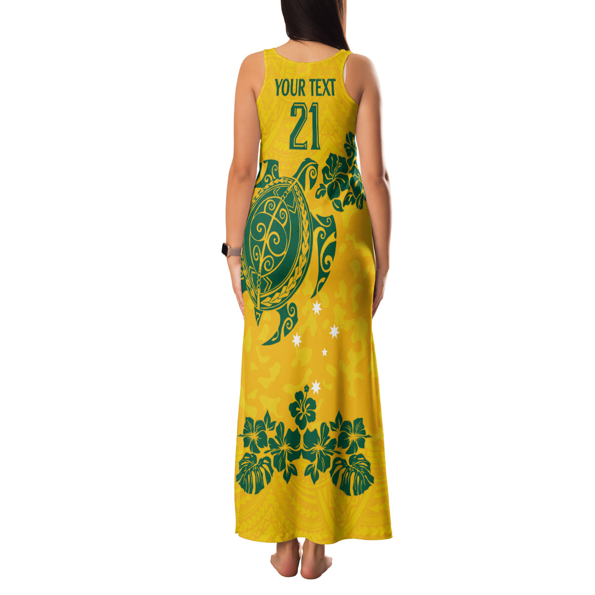 custom-australia-soccer-family-matching-tank-maxi-dress-and-hawaiian-shirt-socceroos-hibiscus-and-turtle-with-polynesian-pattern