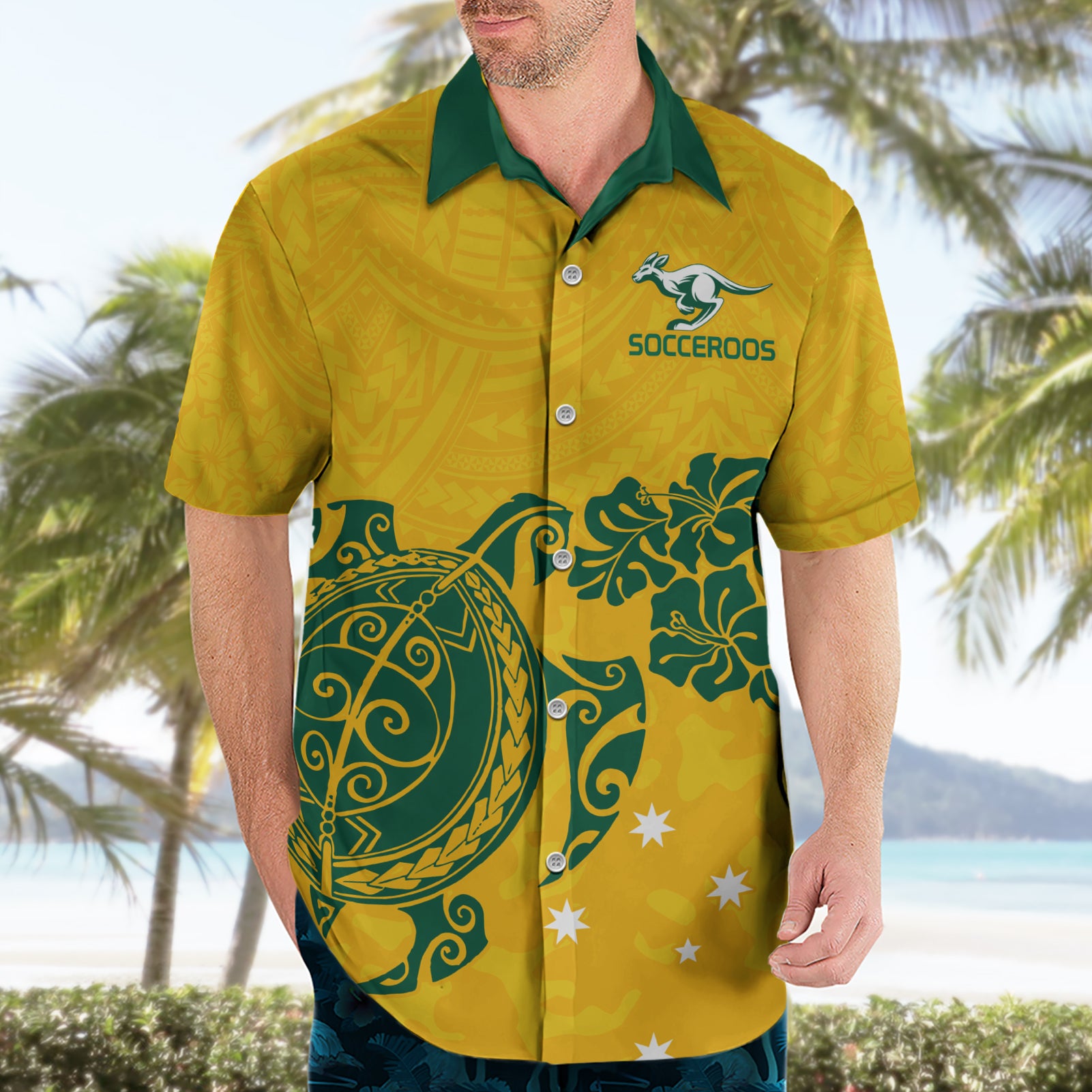 Custom Australia Soccer Hawaiian Shirt Socceroos Hibiscus and Turtle With Polynesian Pattern - Vibe Hoodie Shop