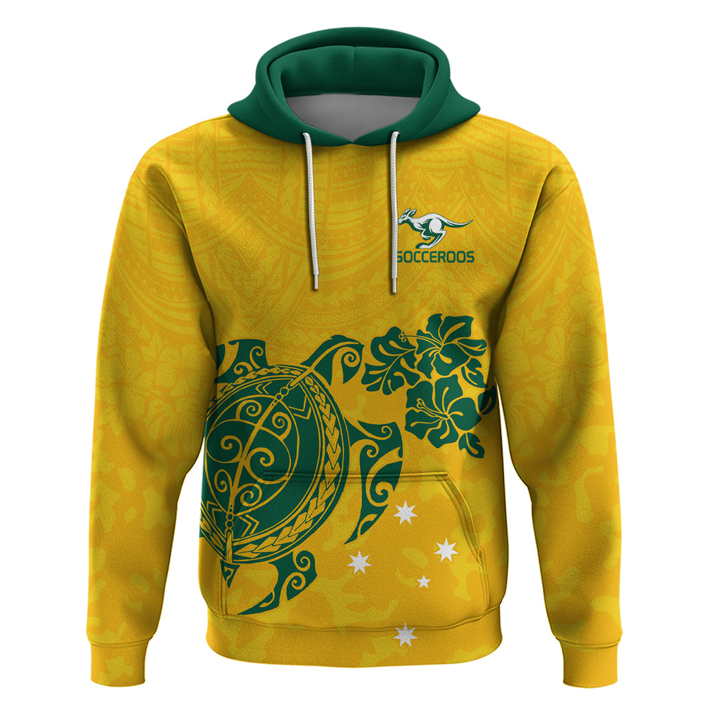 Custom Australia Soccer Hoodie Socceroos Hibiscus and Turtle With Polynesian Pattern LT9 - Vibe Hoodie Shop