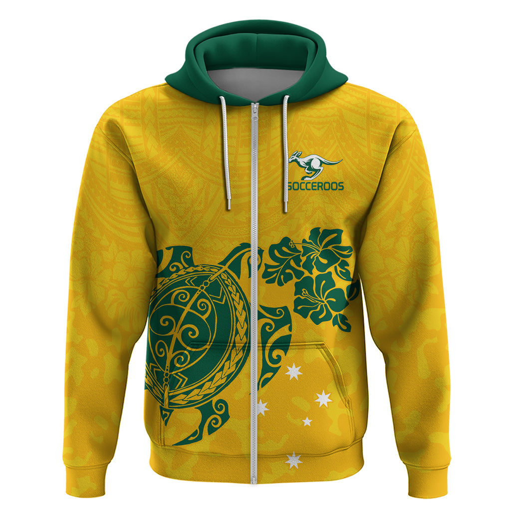Custom Australia Soccer Hoodie Socceroos Hibiscus and Turtle With Polynesian Pattern LT9 - Vibe Hoodie Shop