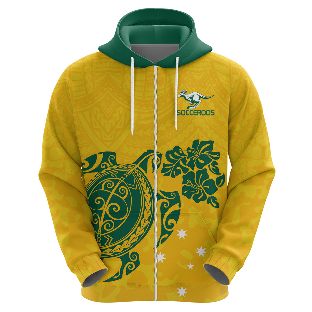 Custom Australia Soccer Hoodie Socceroos Hibiscus and Turtle With Polynesian Pattern LT9 - Vibe Hoodie Shop