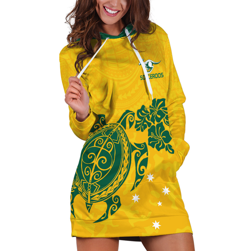 Custom Australia Soccer Hoodie Dress Socceroos Hibiscus and Turtle With Polynesian Pattern - Vibe Hoodie Shop