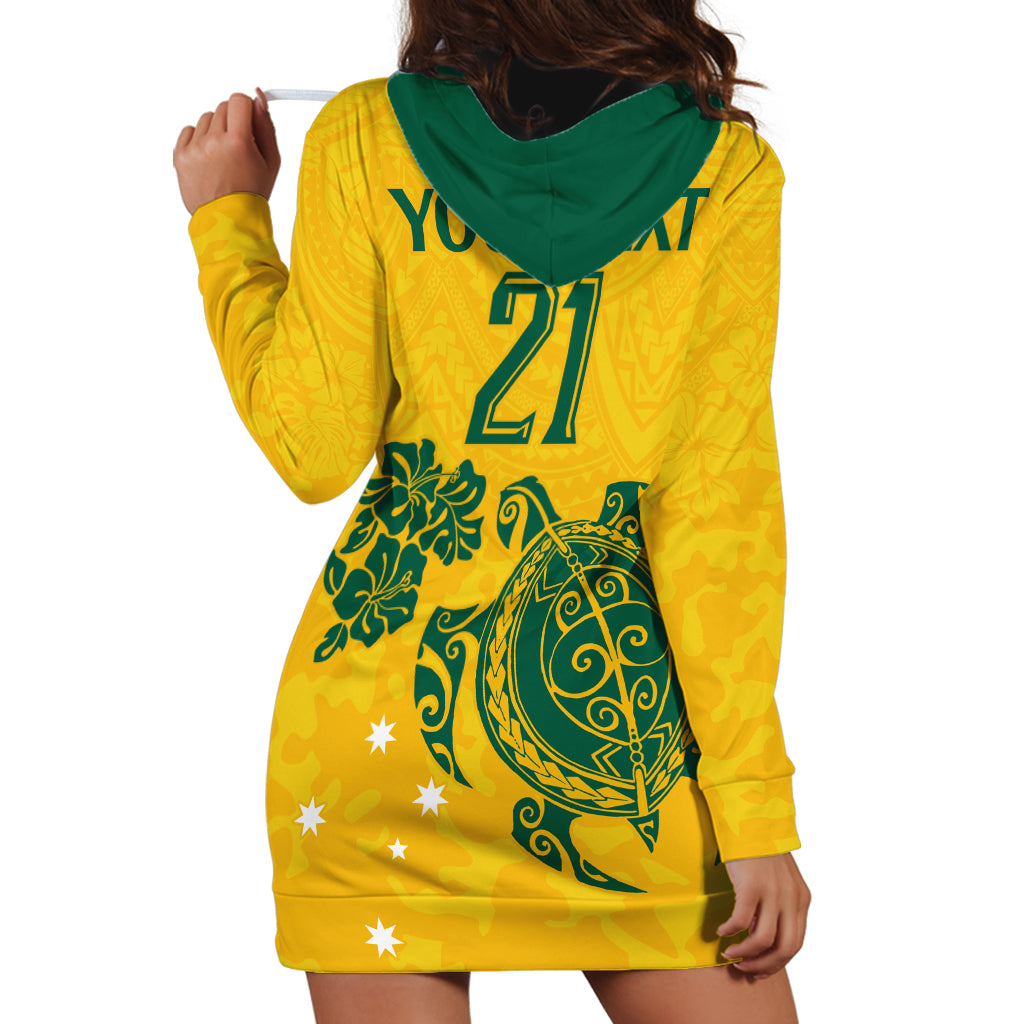 Custom Australia Soccer Hoodie Dress Socceroos Hibiscus and Turtle With Polynesian Pattern - Vibe Hoodie Shop