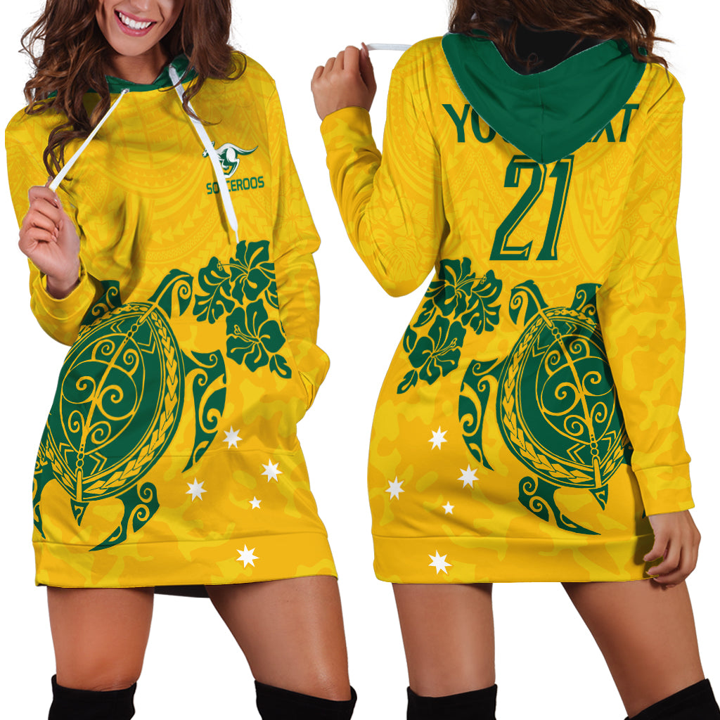 Custom Australia Soccer Hoodie Dress Socceroos Hibiscus and Turtle With Polynesian Pattern - Vibe Hoodie Shop