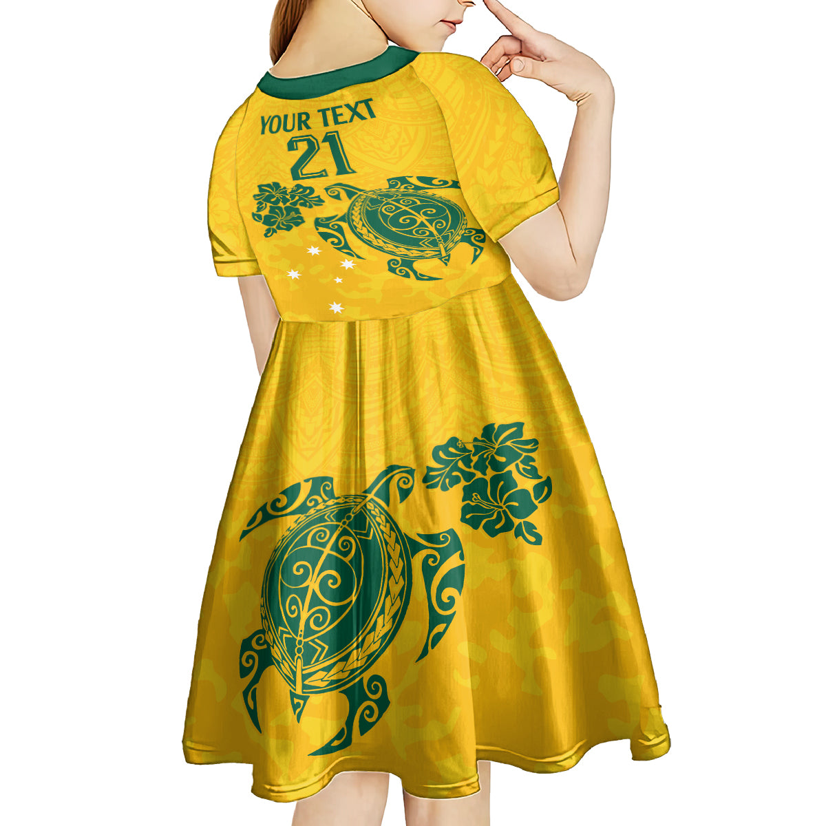 Custom Australia Soccer Kid Short Sleeve Dress Socceroos Hibiscus and Turtle With Polynesian Pattern - Vibe Hoodie Shop