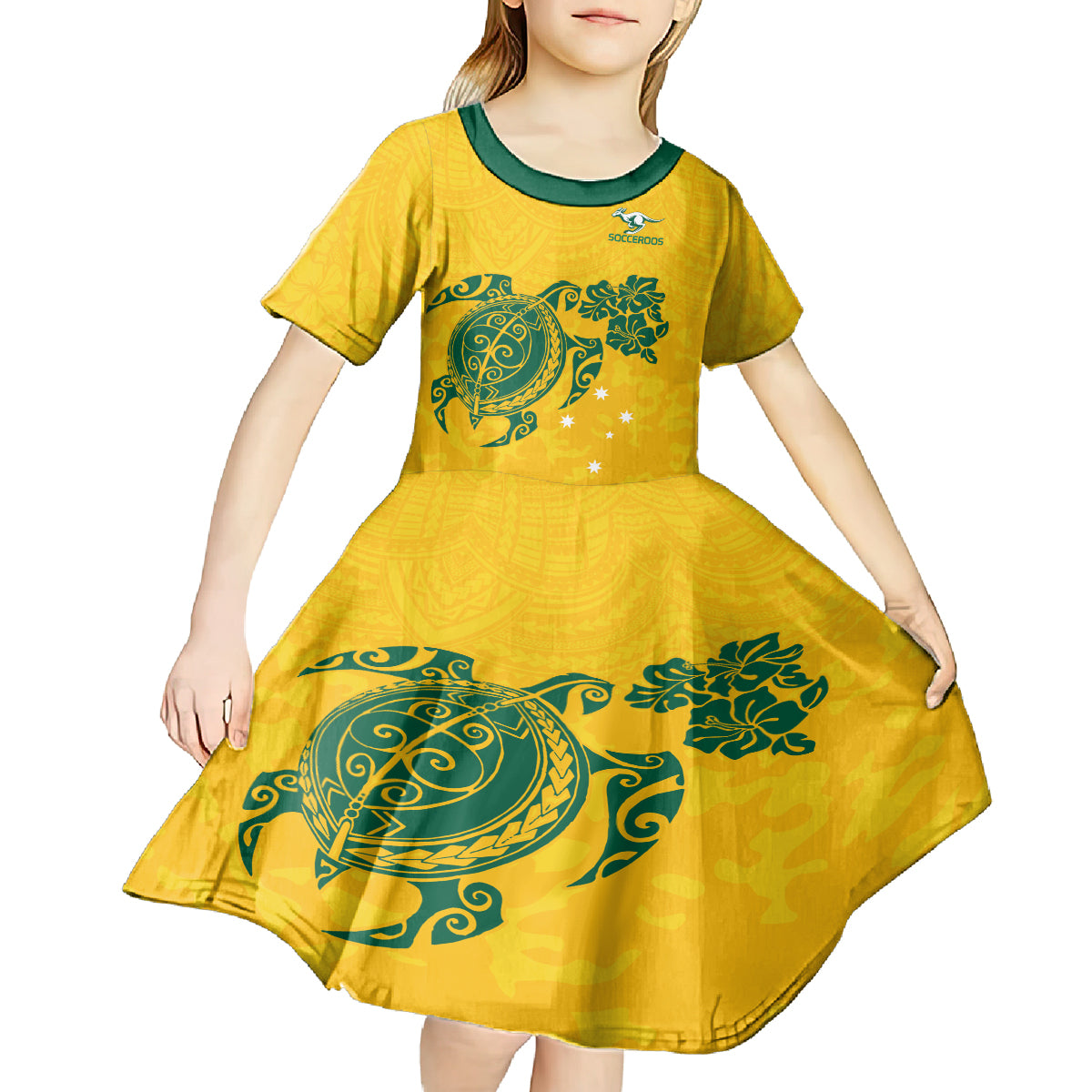 Custom Australia Soccer Kid Short Sleeve Dress Socceroos Hibiscus and Turtle With Polynesian Pattern - Vibe Hoodie Shop