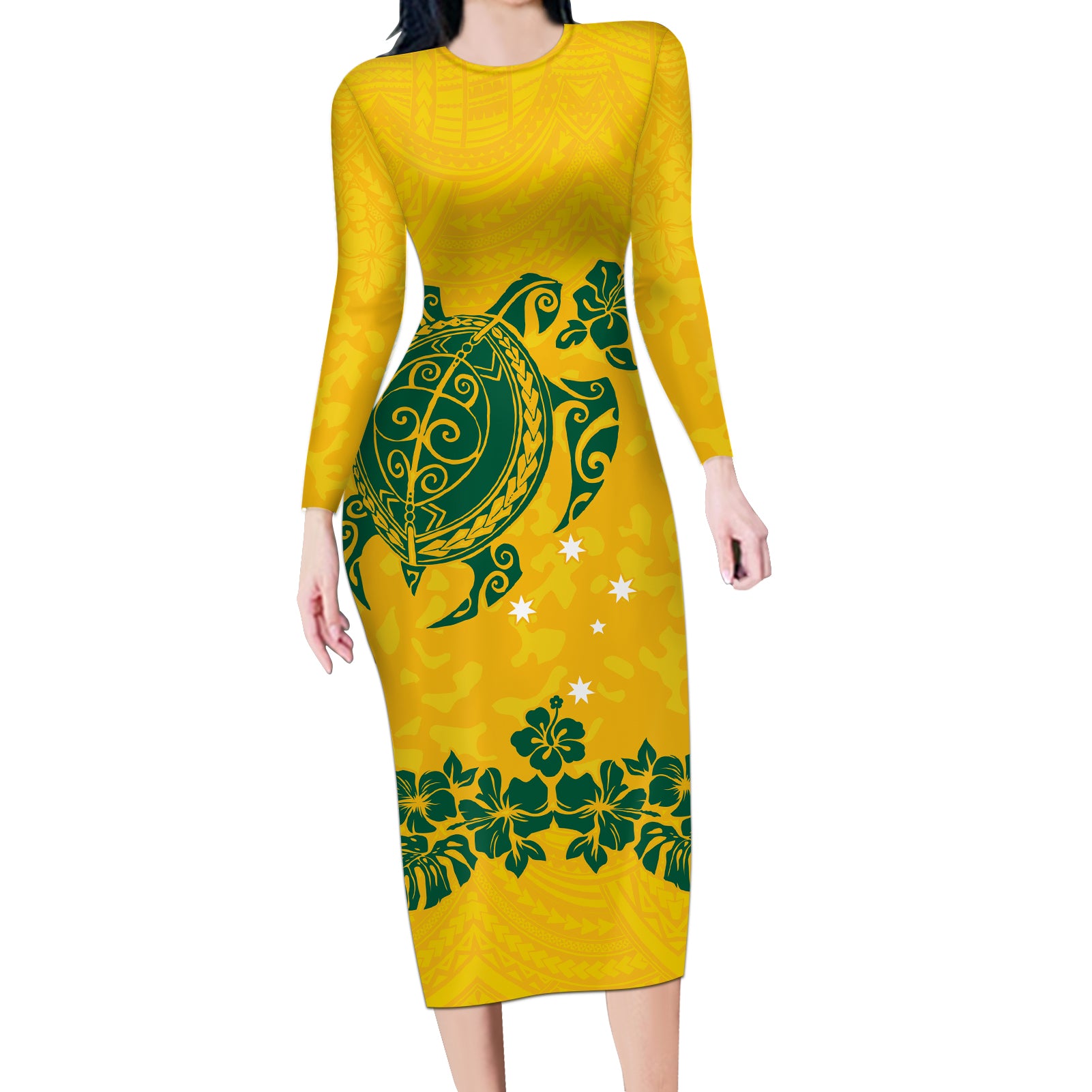 custom-australia-soccer-long-sleeve-bodycon-dress-socceroos-hibiscus-and-turtle-with-polynesian-pattern