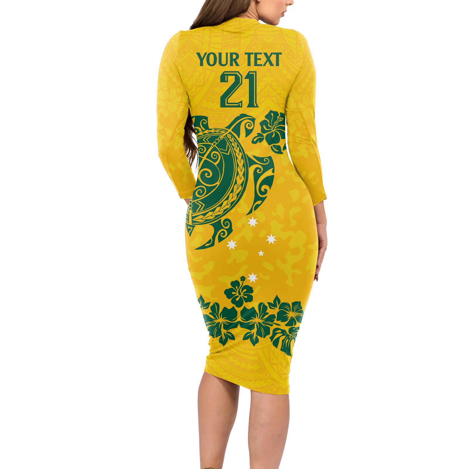 custom-australia-soccer-long-sleeve-bodycon-dress-socceroos-hibiscus-and-turtle-with-polynesian-pattern