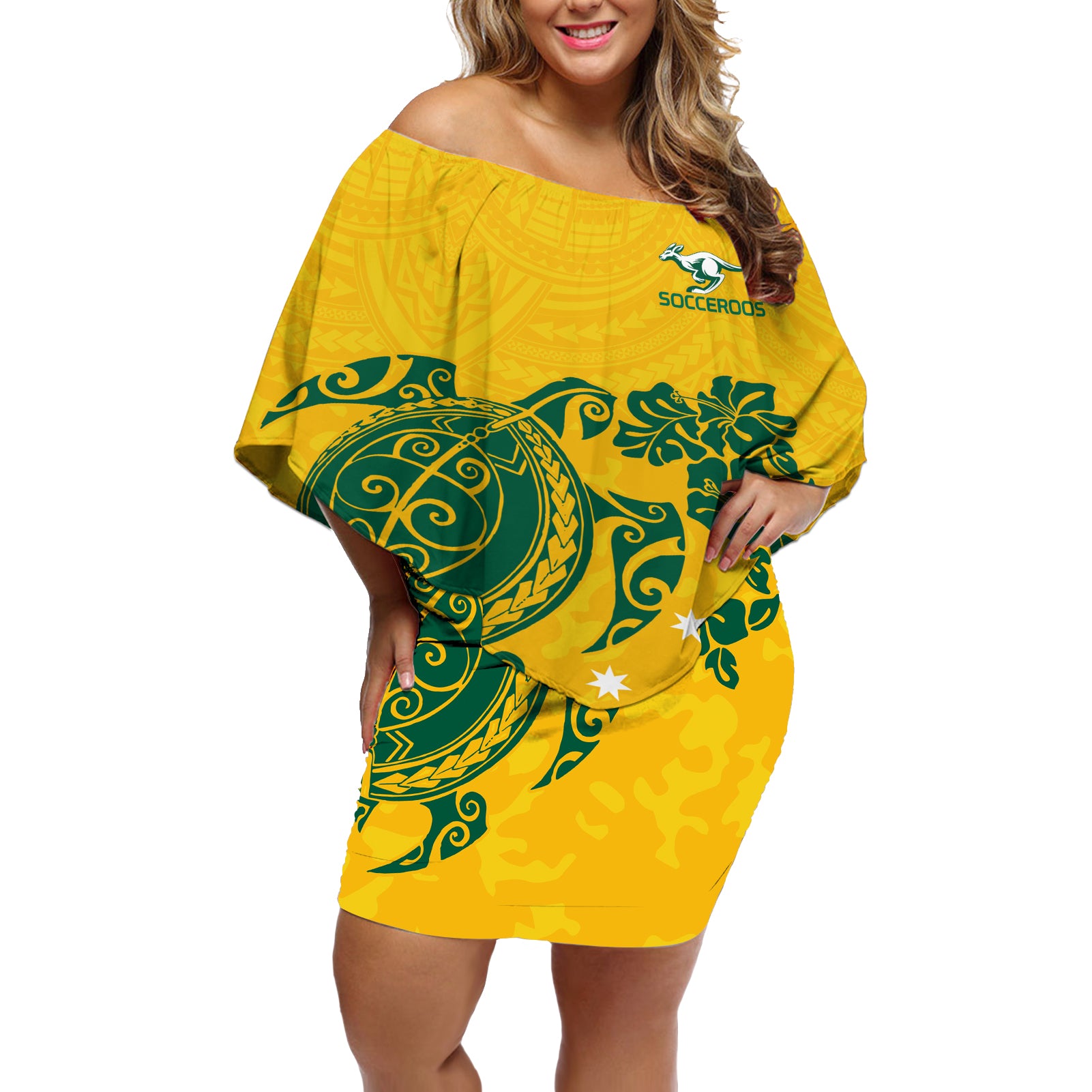 custom-australia-soccer-off-shoulder-short-dress-socceroos-hibiscus-and-turtle-with-polynesian-pattern