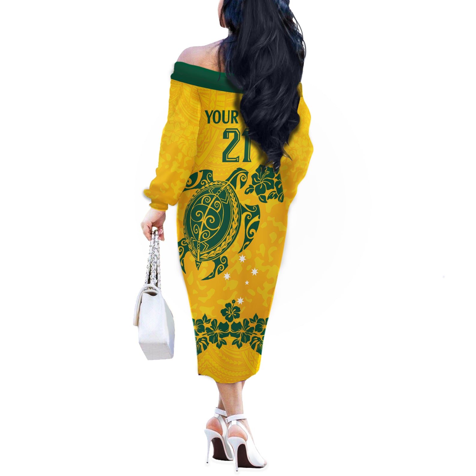 custom-australia-soccer-off-the-shoulder-long-sleeve-dress-socceroos-hibiscus-and-turtle-with-polynesian-pattern