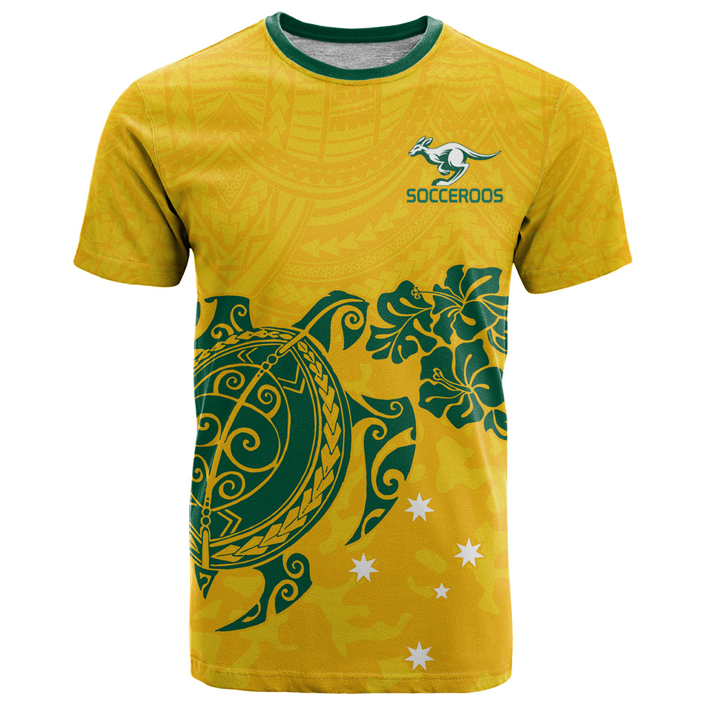 Custom Australia Soccer T Shirt Socceroos Hibiscus and Turtle With Polynesian Pattern LT9 - Vibe Hoodie Shop