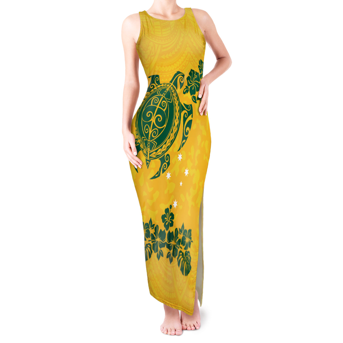 custom-australia-soccer-tank-maxi-dress-socceroos-hibiscus-and-turtle-with-polynesian-pattern