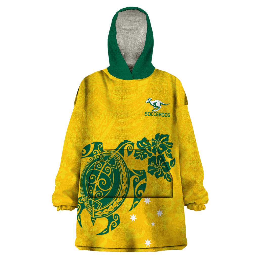 Custom Australia Soccer Wearable Blanket Hoodie Socceroos Hibiscus and Turtle With Polynesian Pattern - Vibe Hoodie Shop