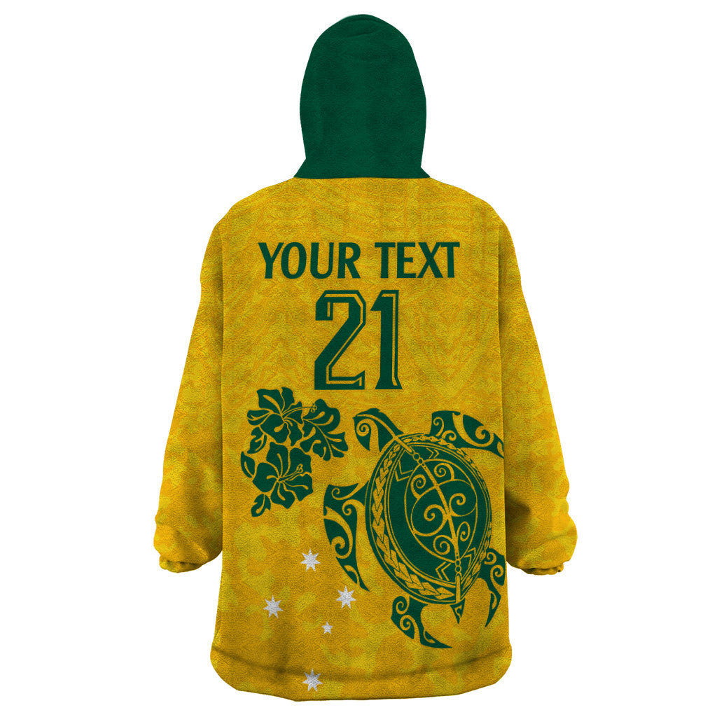 Custom Australia Soccer Wearable Blanket Hoodie Socceroos Hibiscus and Turtle With Polynesian Pattern - Vibe Hoodie Shop