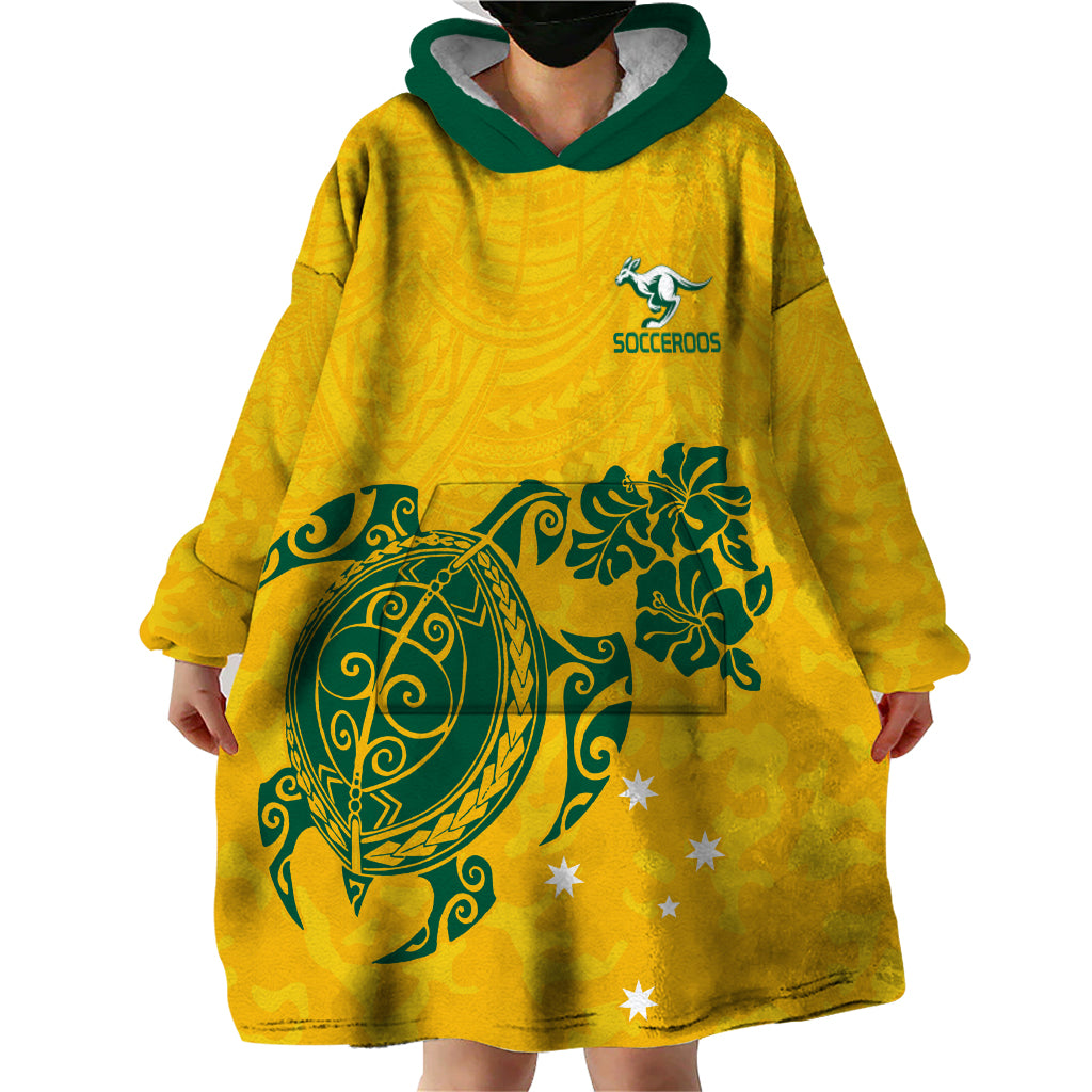 Custom Australia Soccer Wearable Blanket Hoodie Socceroos Hibiscus and Turtle With Polynesian Pattern - Vibe Hoodie Shop