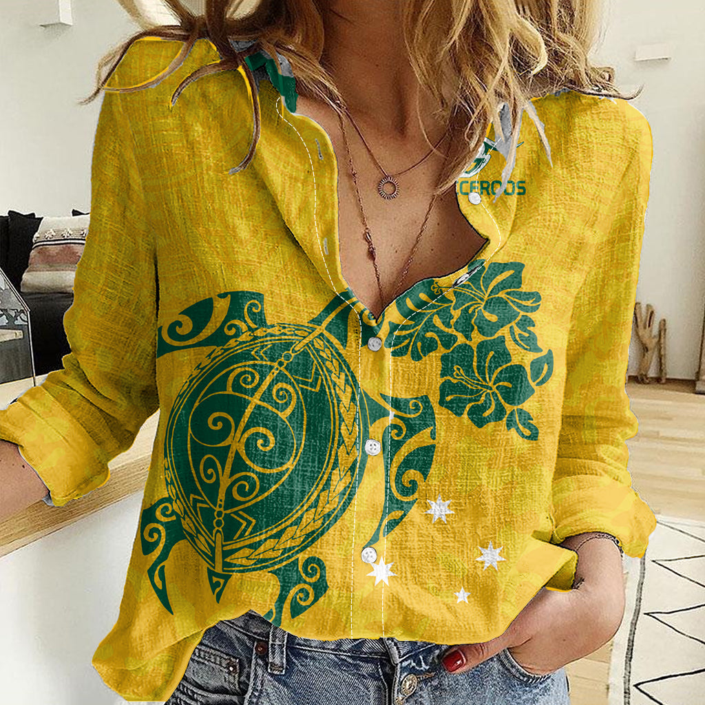 Custom Australia Soccer Women Casual Shirt Socceroos Hibiscus and Turtle With Polynesian Pattern - Vibe Hoodie Shop